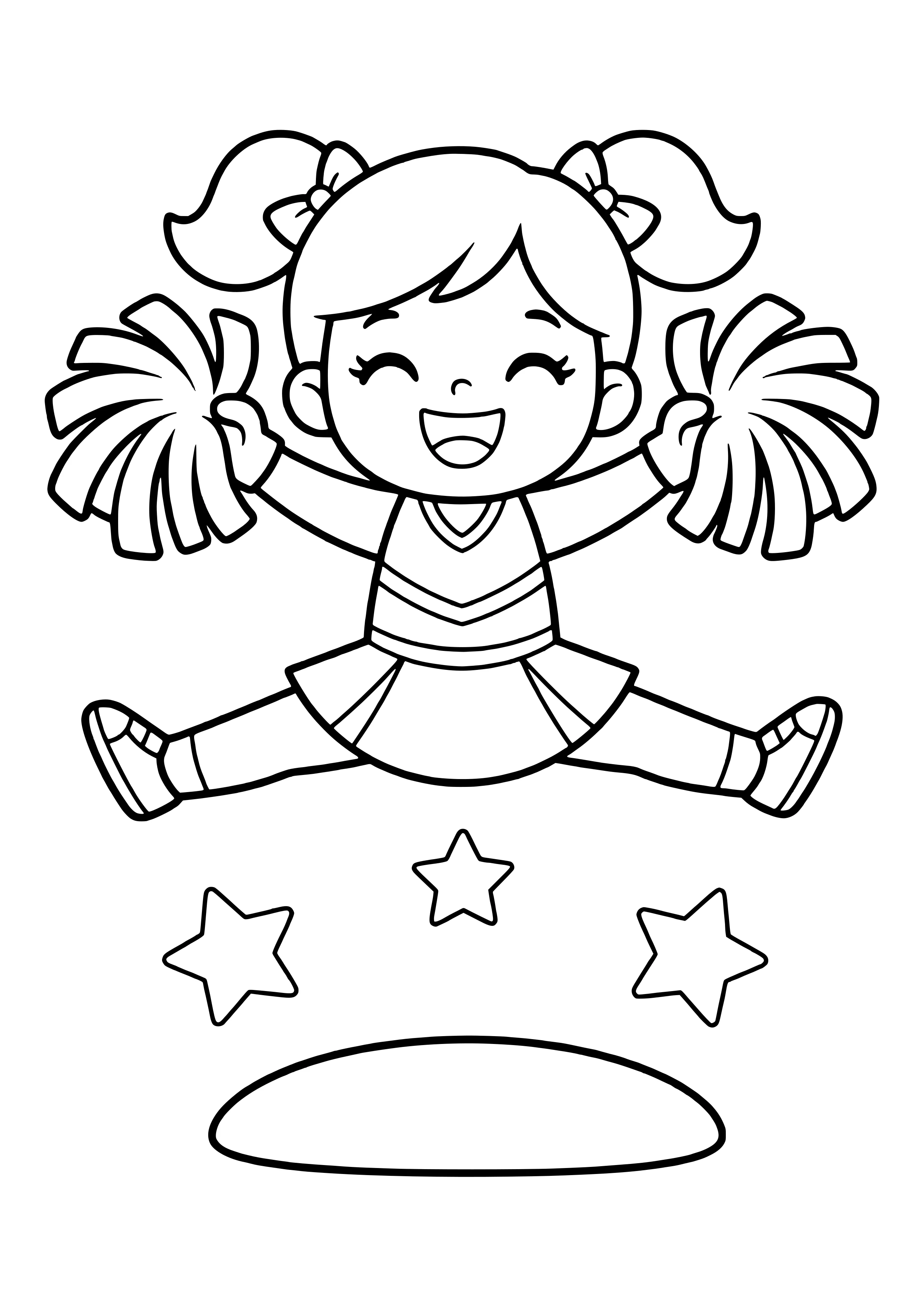 Girl in a cheerleading outfit jumping with legs apart and two big pom-poms above three stars – free cheerleading coloring page