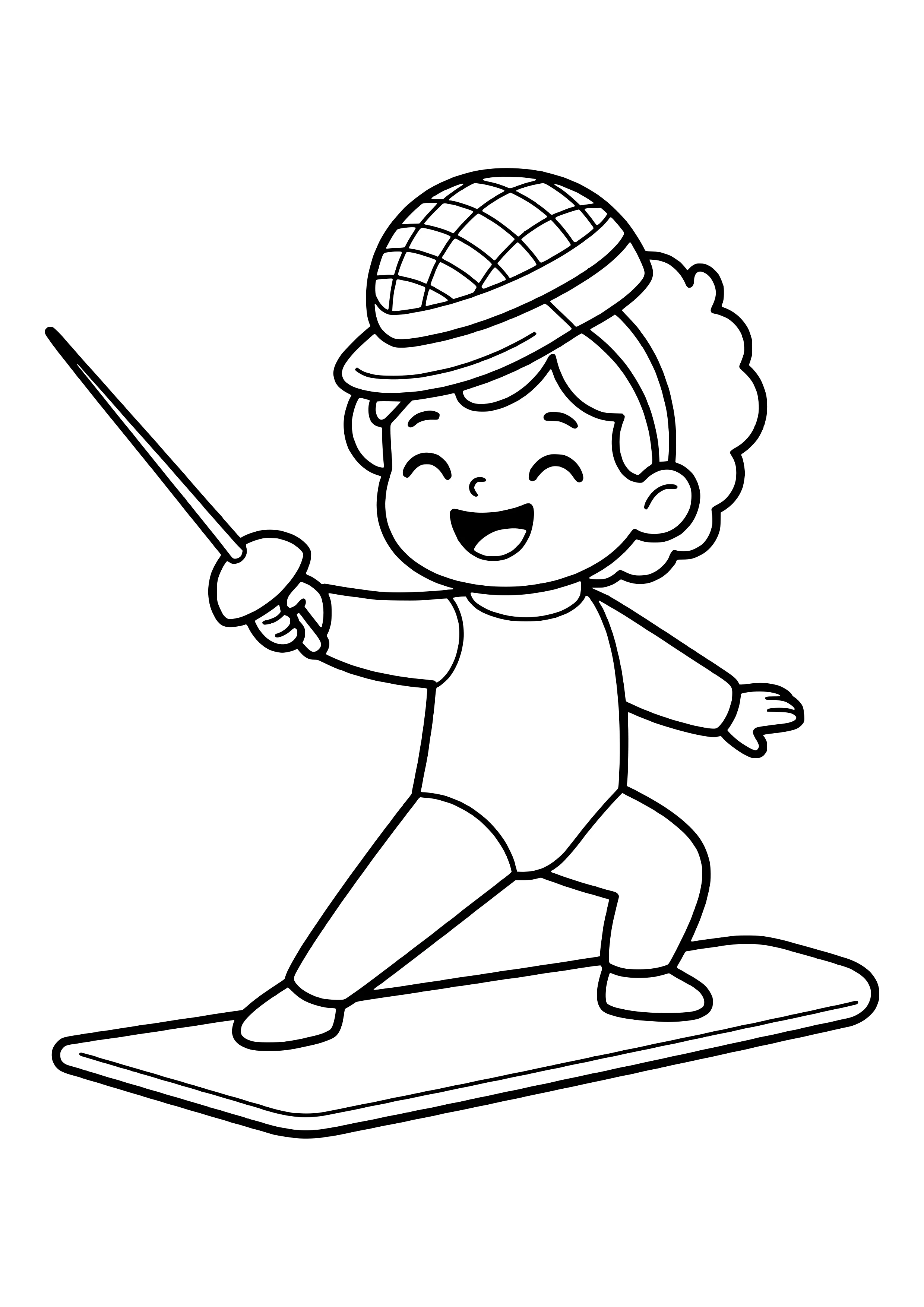 Kid in a fencing uniform with mask flipped up lunging forward with a sword on the fencing strip – free fencing coloring page