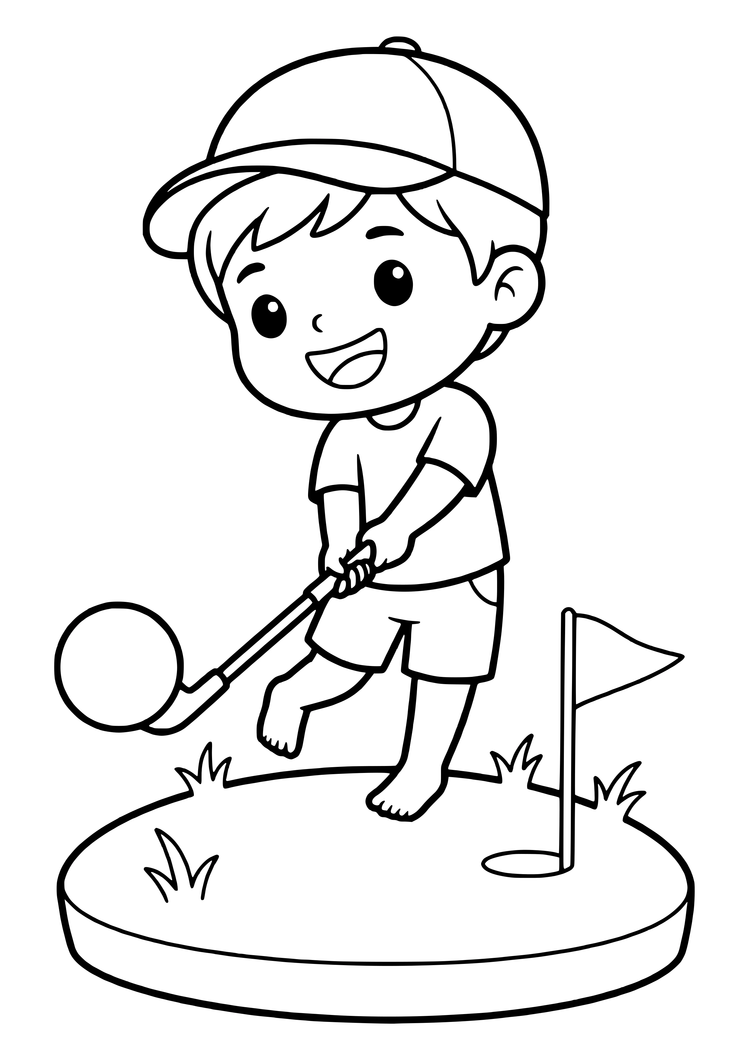 Junge mit Schirmmütze schwingt einen Golfschläger, daneben Loch mit dreieckigem Fähnchen – Golf Ausmalbild kostenlos
