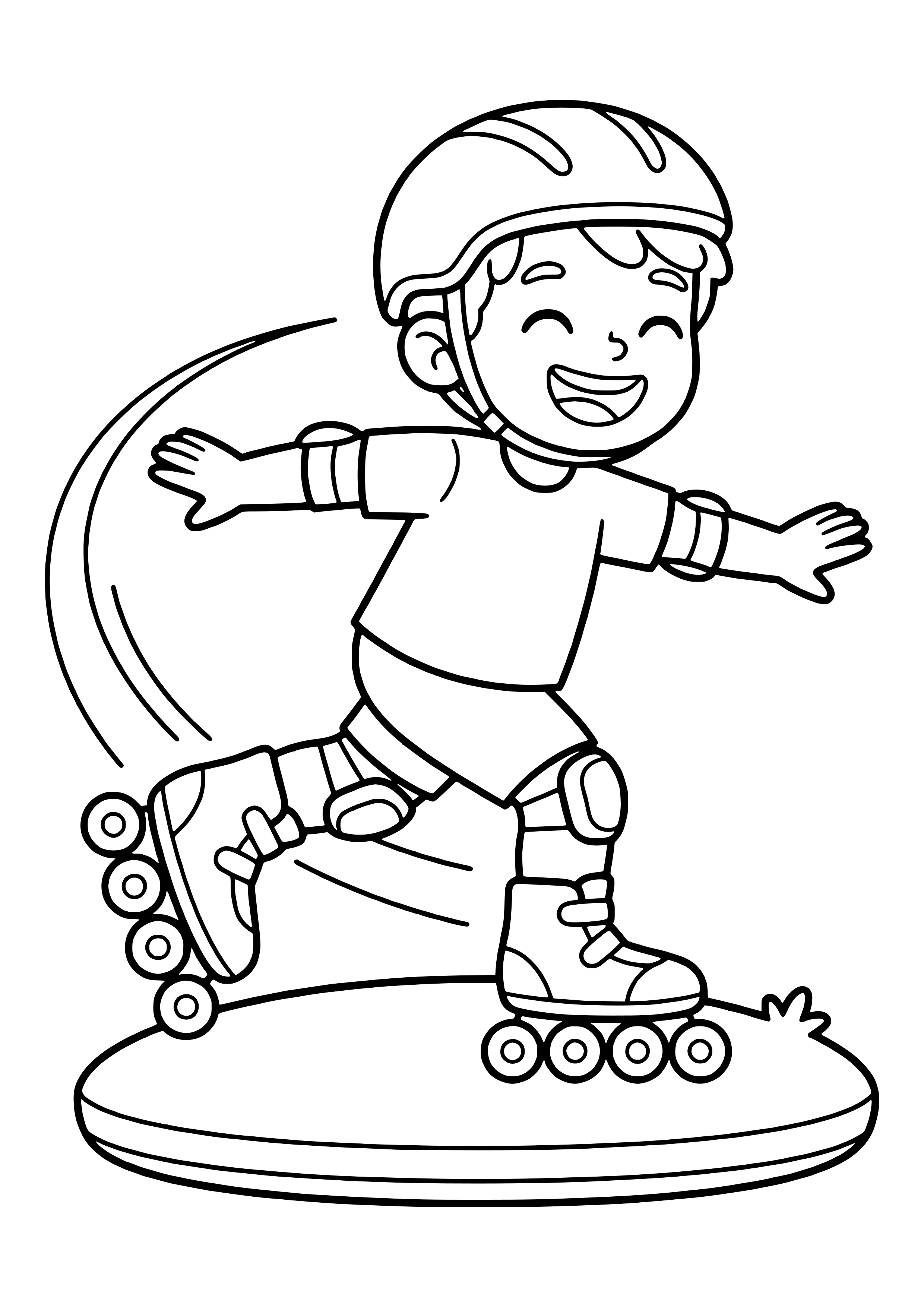 Laughing boy in a helmet and pads gliding on inline skates with four wheels each – free inline skating coloring page