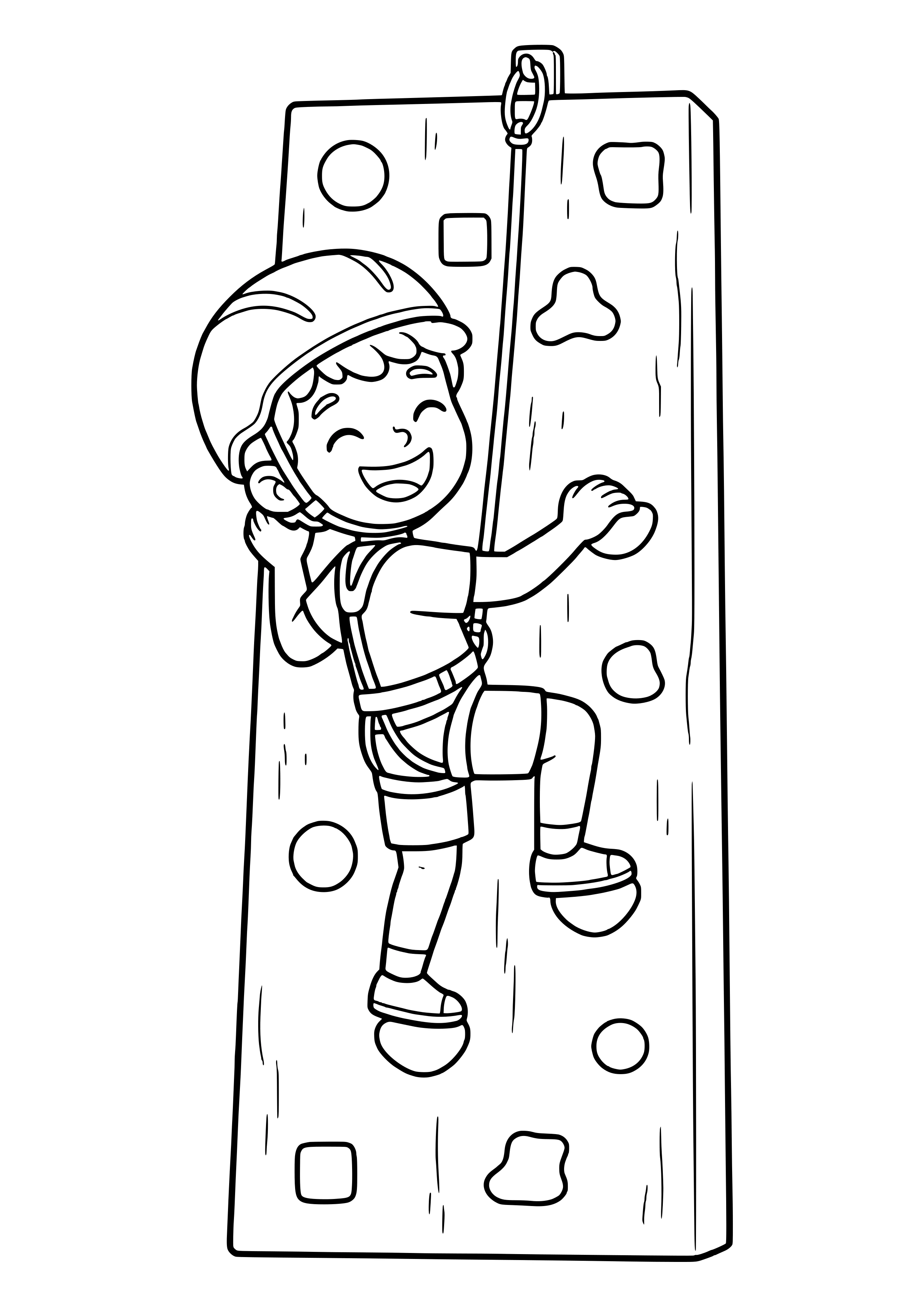 Boy with a helmet and harness climbing a tall wall with round climbing holds on a rope – free climbing coloring page