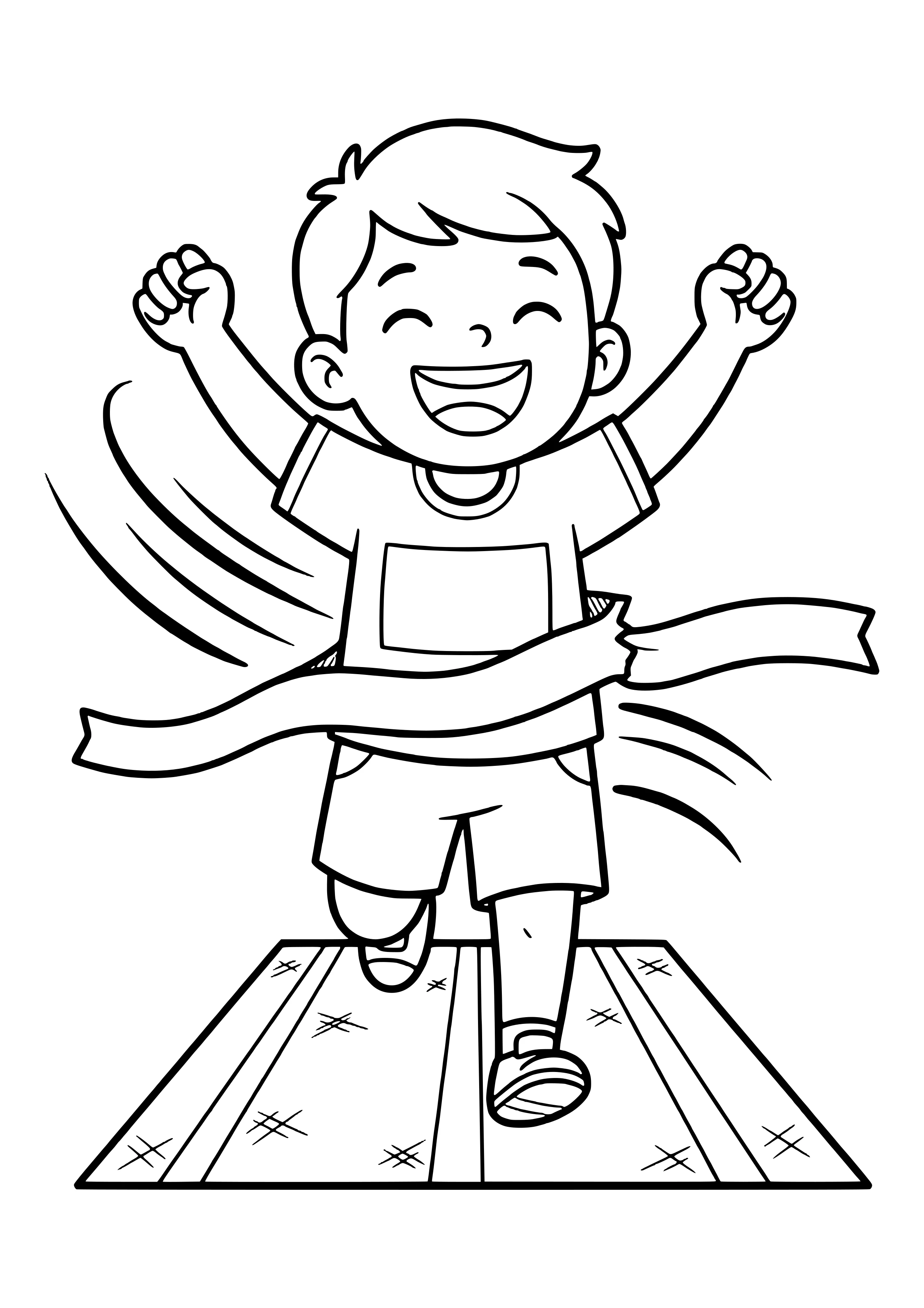 Laughing boy with a race bib breaking the finish line tape on a running track – free running coloring page