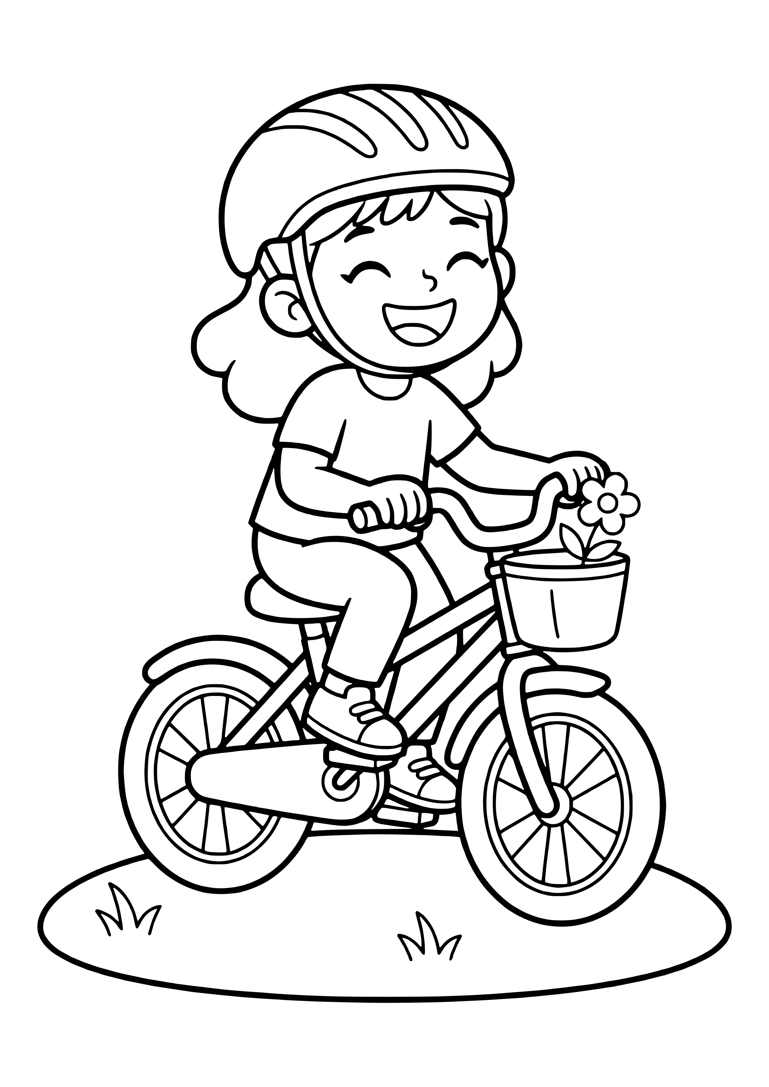 Lachendes Mädchen mit Fahrradhelm fährt auf einem Kinderfahrrad mit Blumenkorb – Radfahren Ausmalbild kostenlos