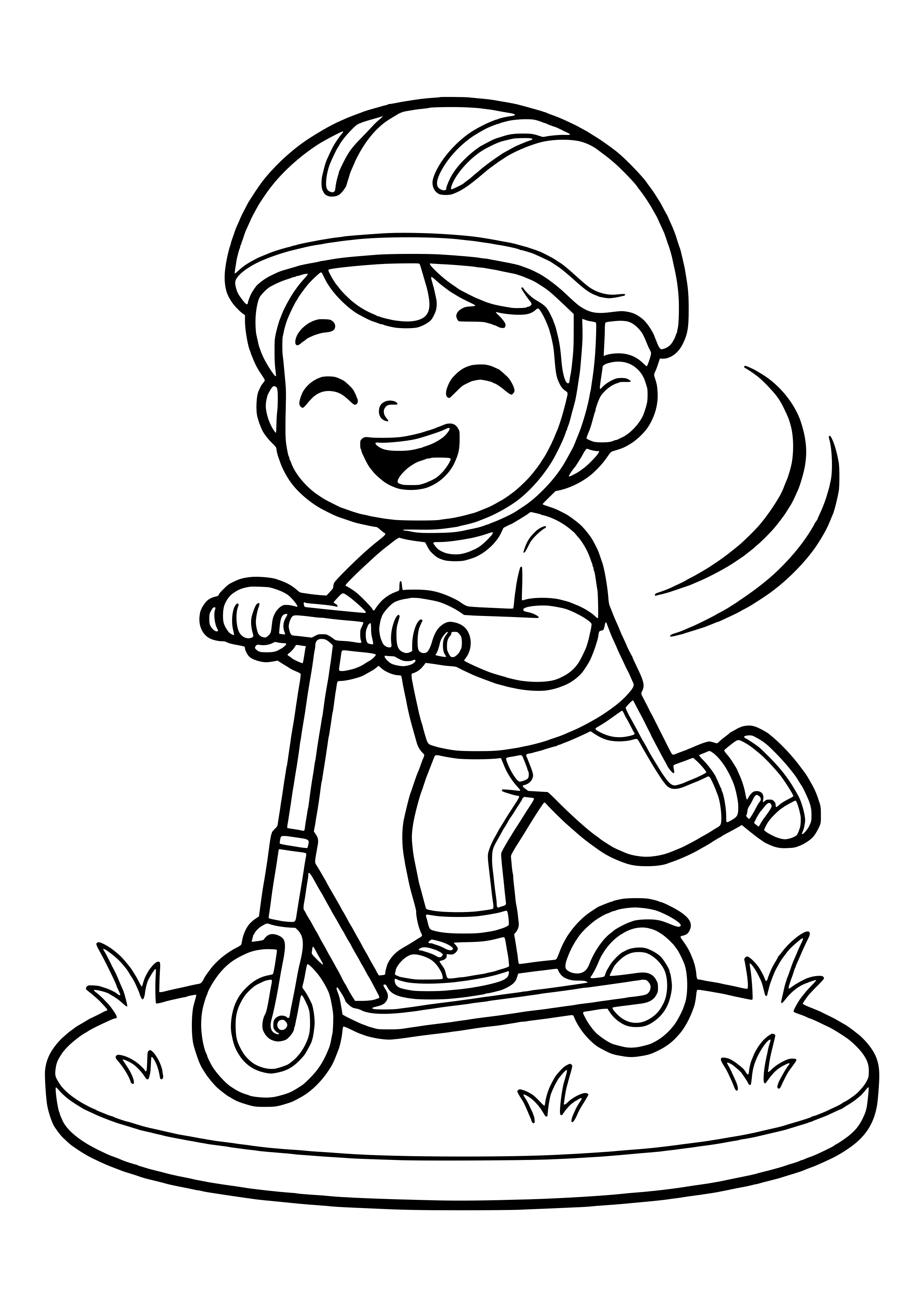 Junge mit Helm fährt lachend Tretroller – Roller fahren Ausmalbild kostenlos