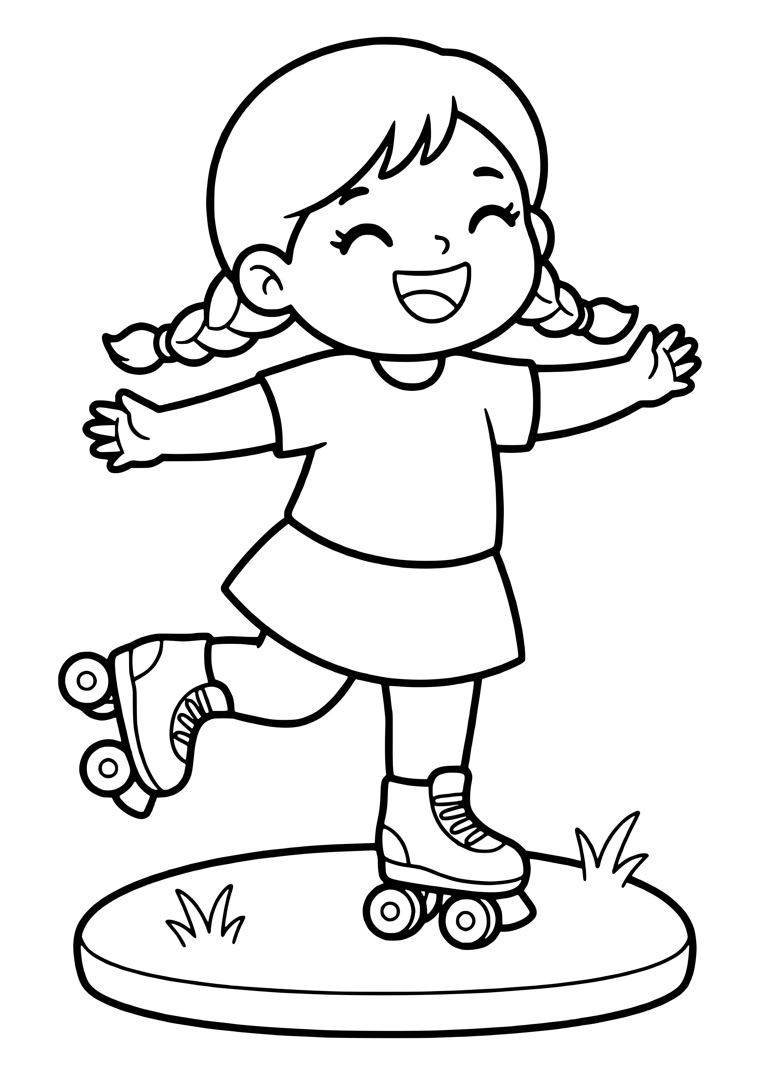 Girl with pigtails spinning on roller skates – free roller skating coloring page