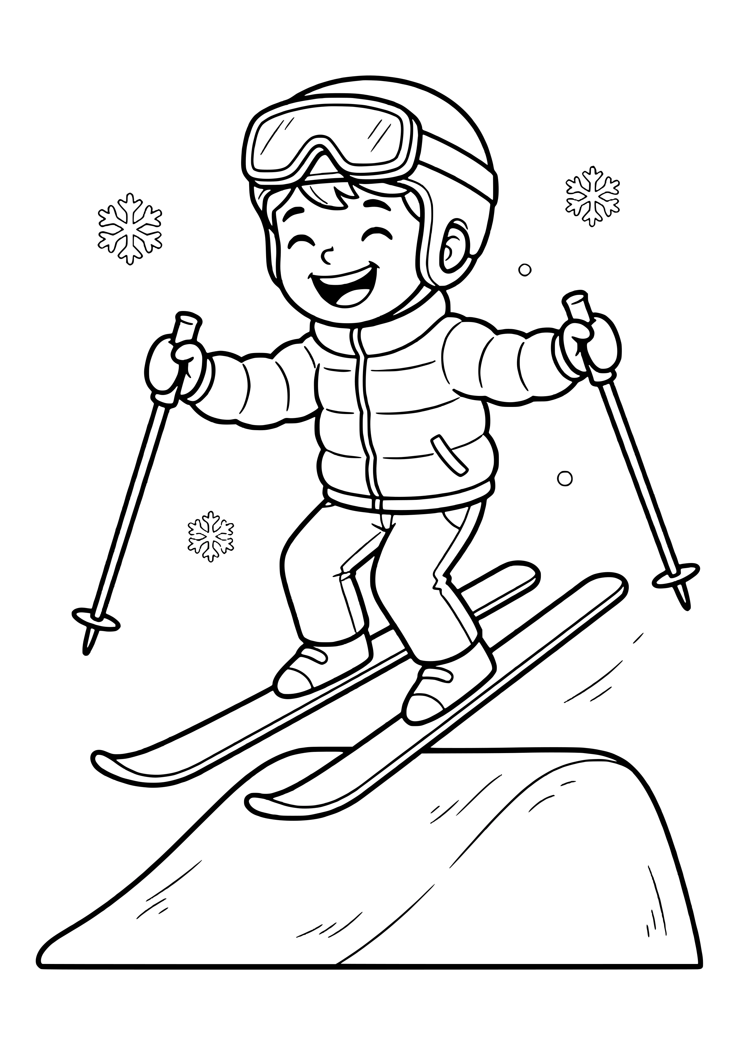 Boy with helmet and ski poles skiing down a snowy hill – free skiing coloring page