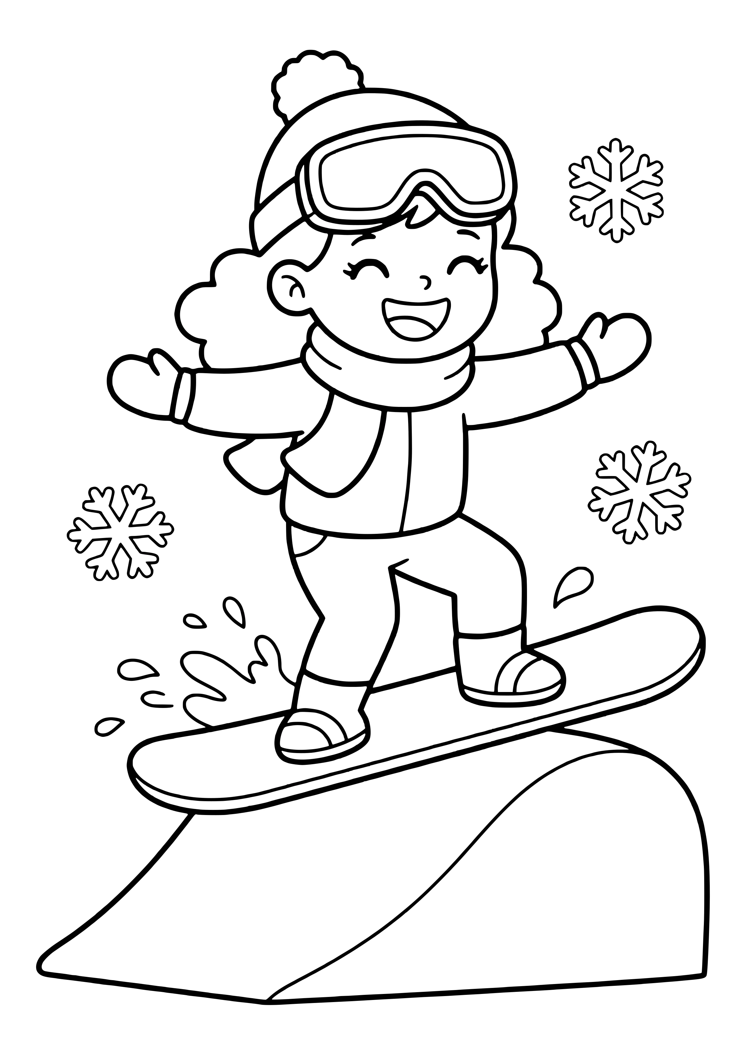 Girl with hat and goggles jumping over a snowy hill on a snowboard – free snowboarding coloring page
