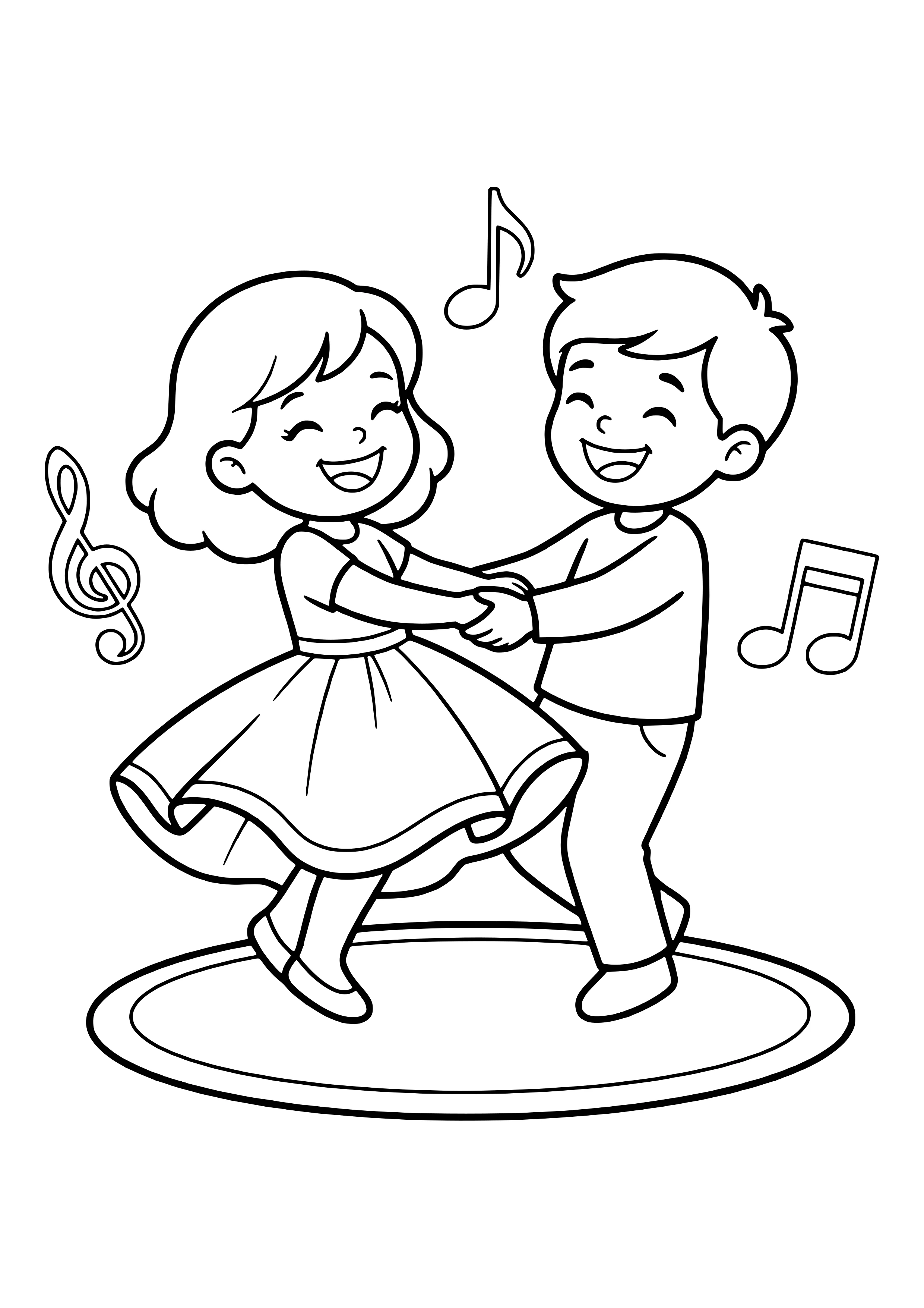Girl and boy dancing hand in hand with music notes – free dancing coloring page