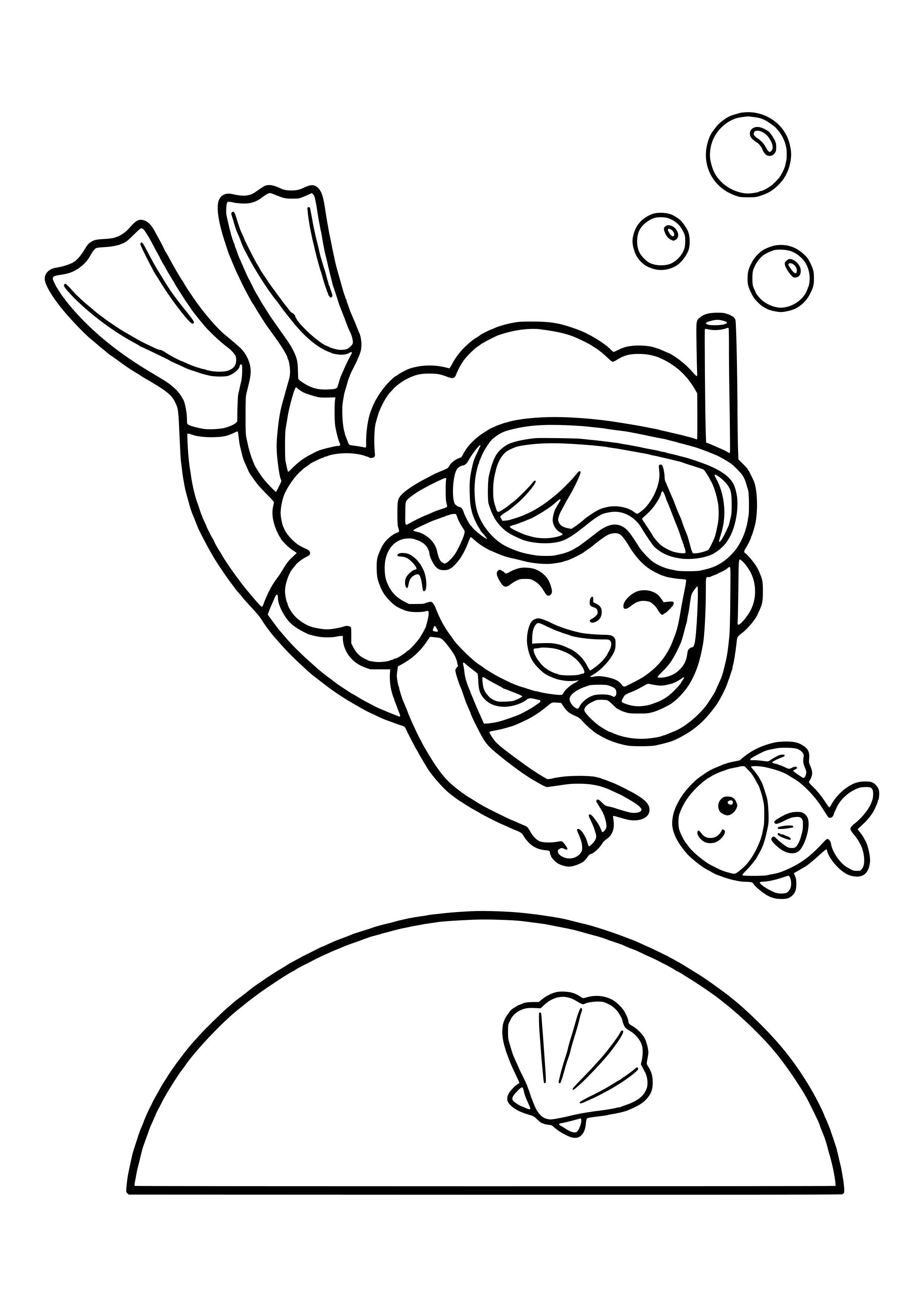 Girl with mask, snorkel, and fins diving headfirst toward a small fish above sand with a seashell – free diving coloring page