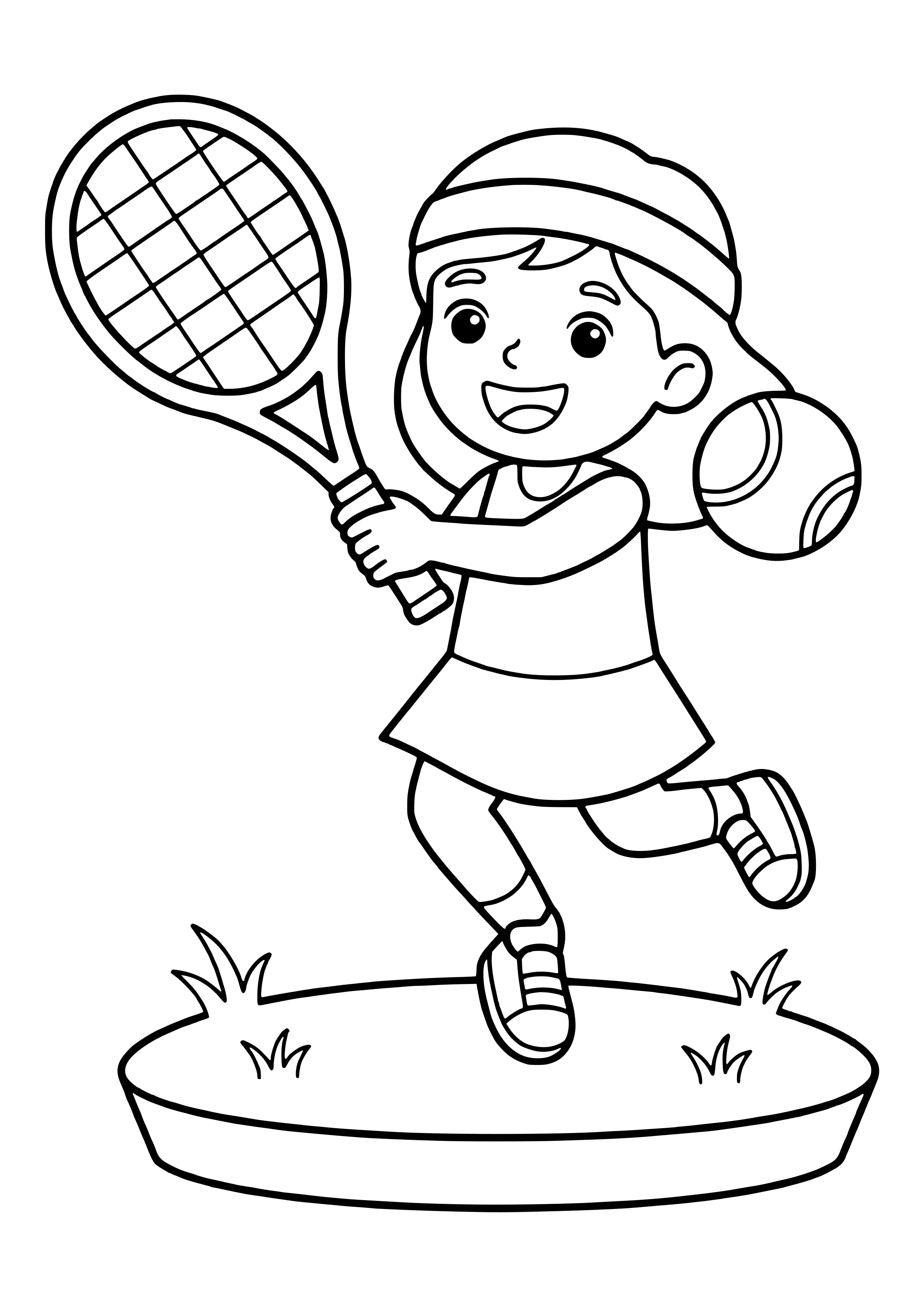 Mädchen mit Stirnband holt mit dem Tennisschläger zum Schlag gegen einen Tennisball aus – Tennis Ausmalbild kostenlos