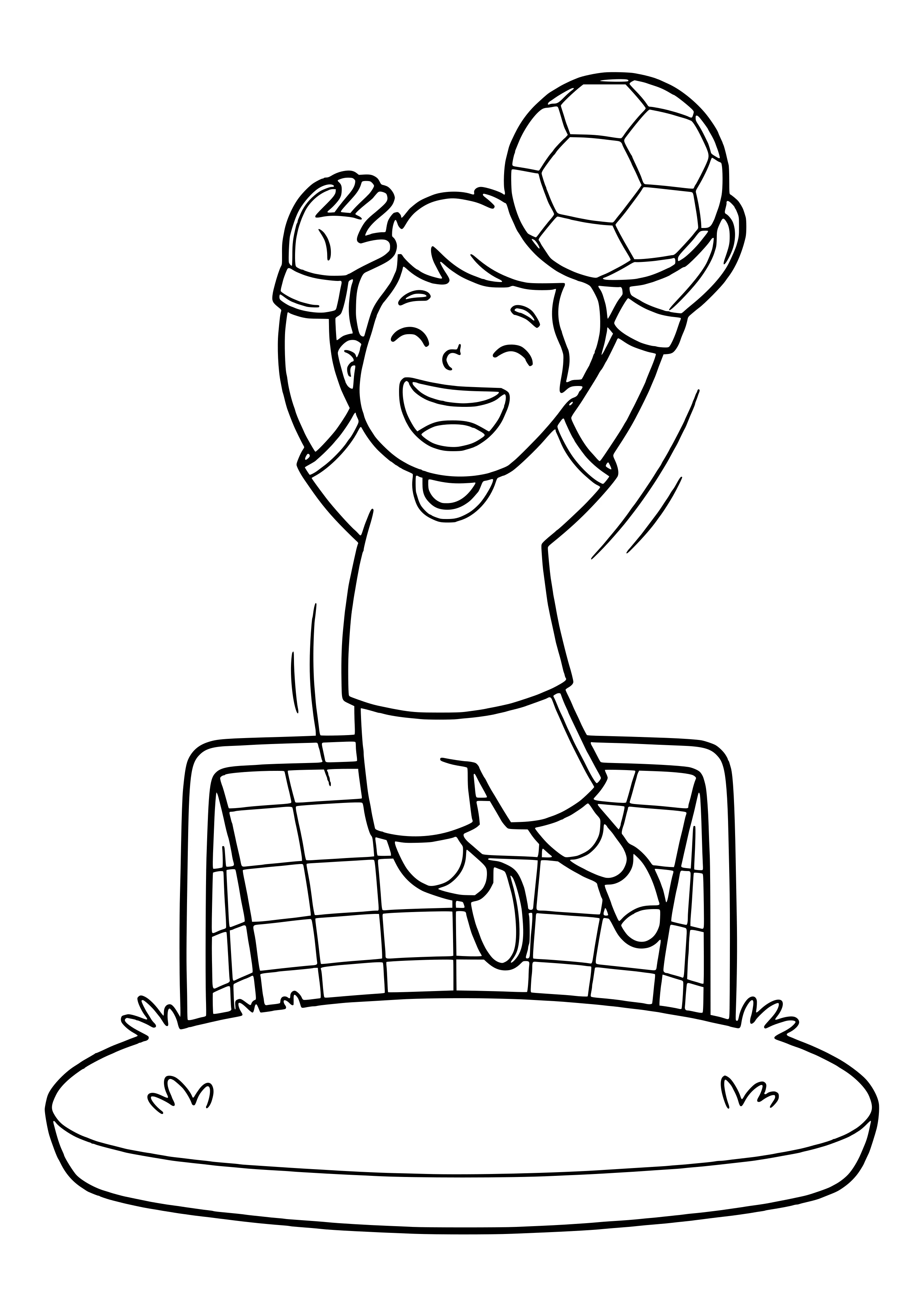 Happy goalkeeper jumping to catch a soccer ball in front of the goal - free printable goalkeeper coloring page