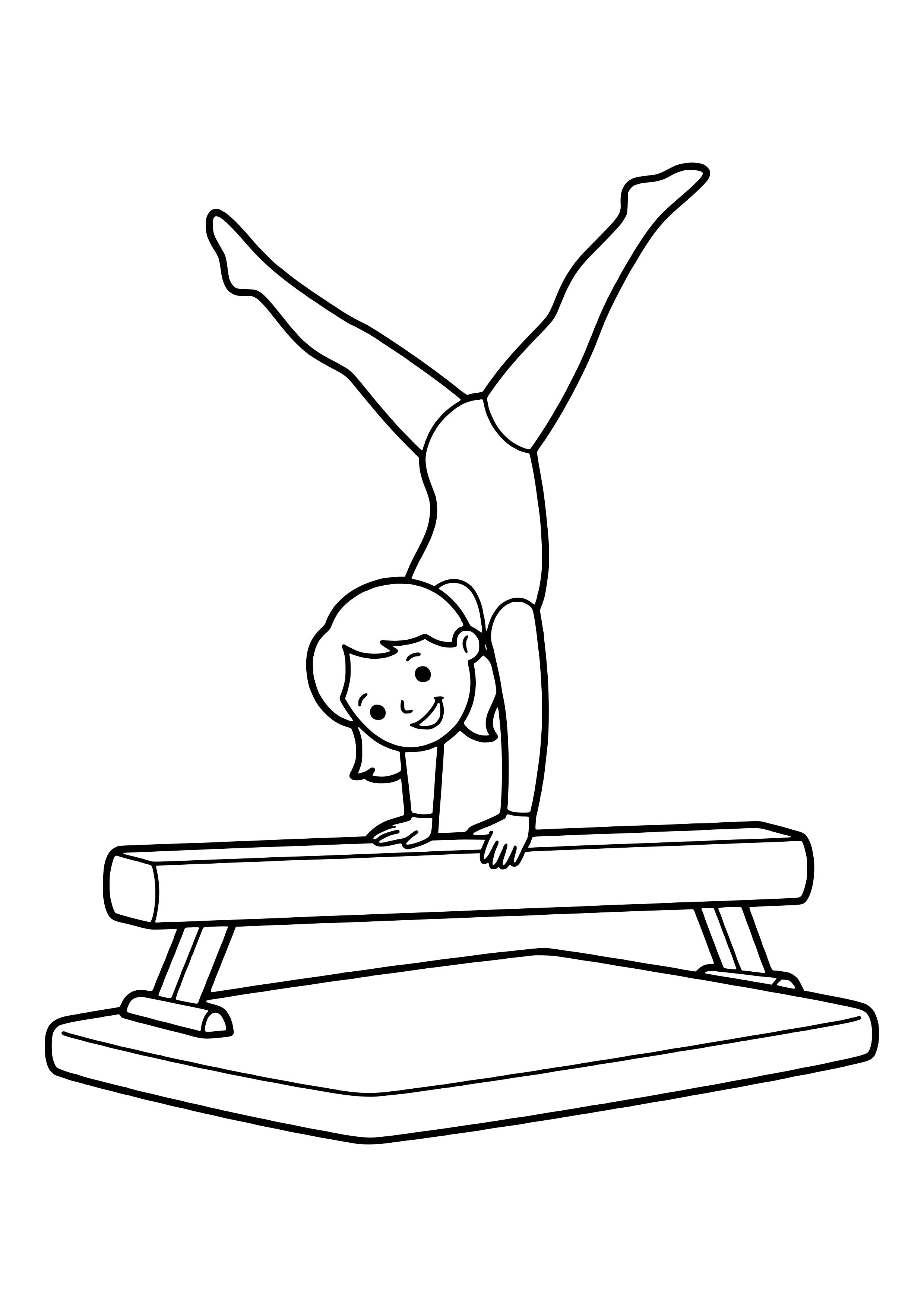 Smiling girl in a leotard doing a handstand on a balance beam above a gym mat – free gymnastics coloring page