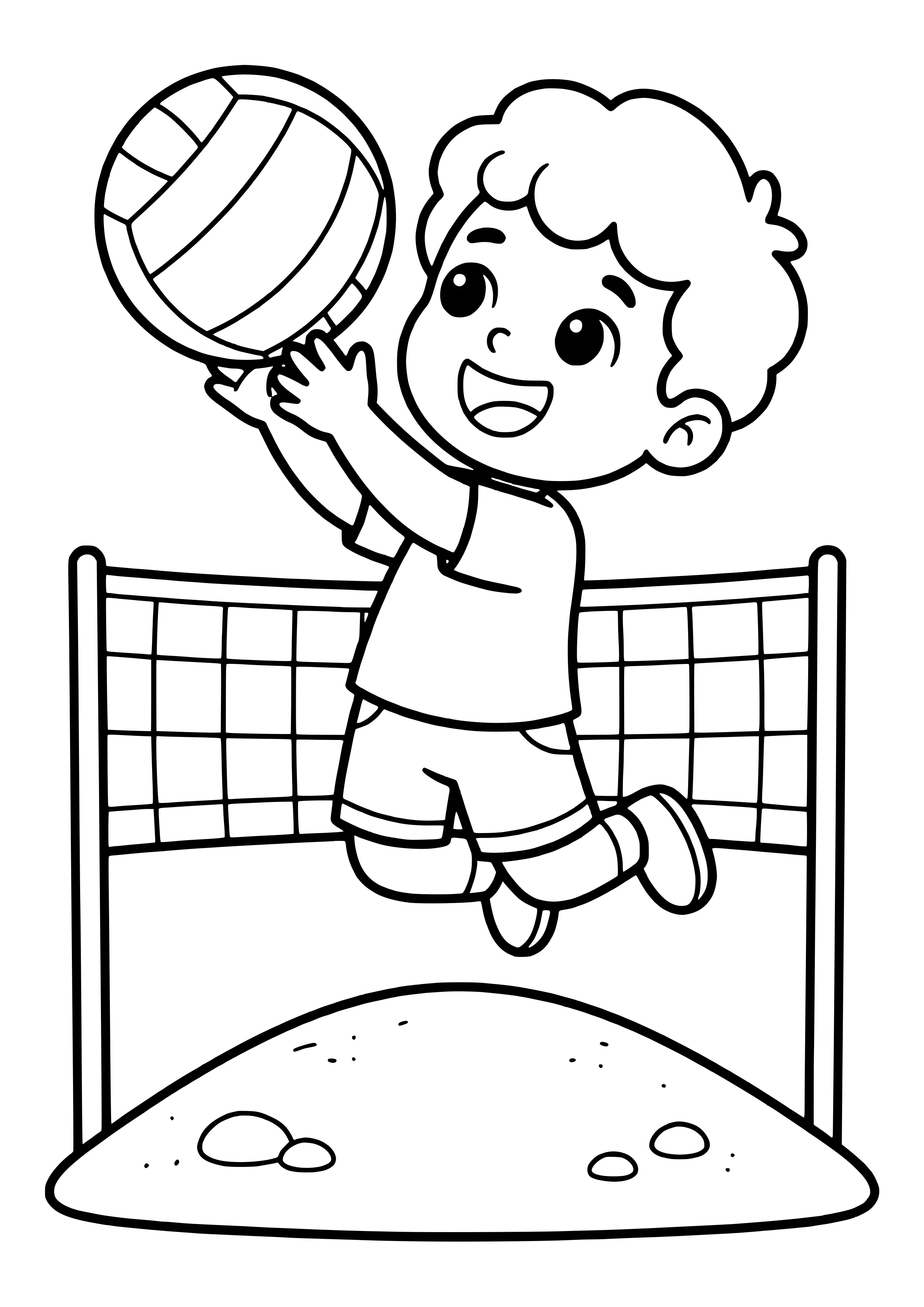 Boy jumping to spike a volleyball over the net above a sand hill - free printable volleyball coloring page