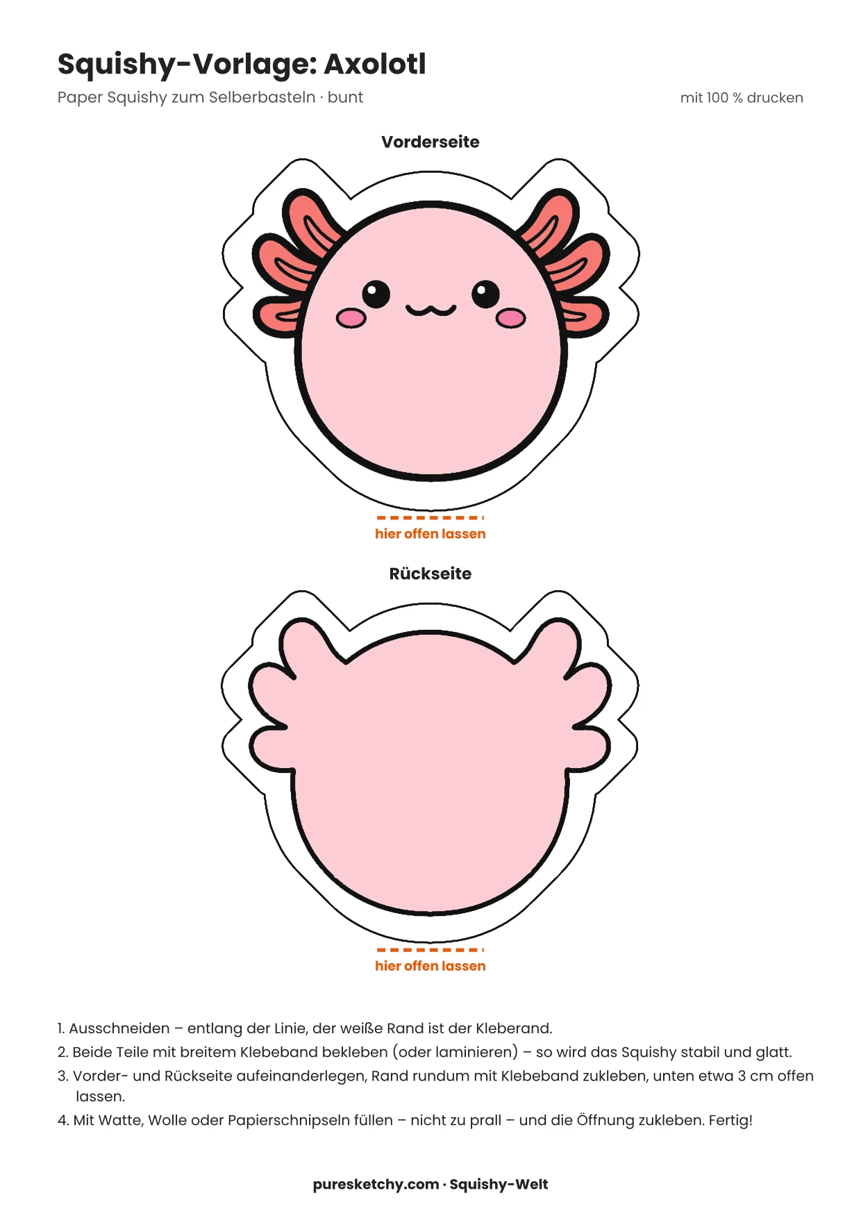 Bunter Axolotl-Squishy in Rosa mit gefächerten Kiemen, kleinen Augen und breitem, süßem Lächeln