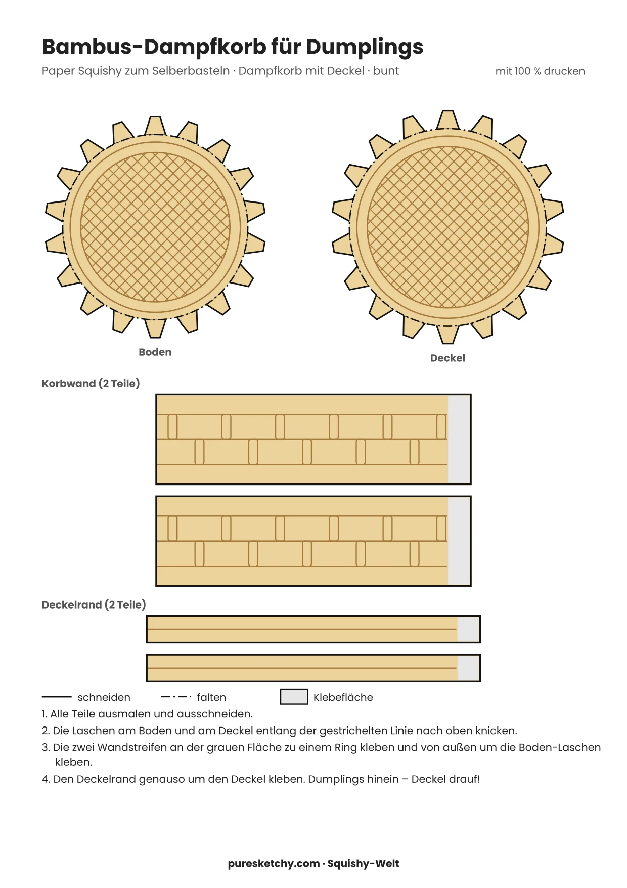 Gefalteter Papier-Dampfkorb mit Flecht-Muster und Deckel, darin ein kleiner 3D-Dumpling