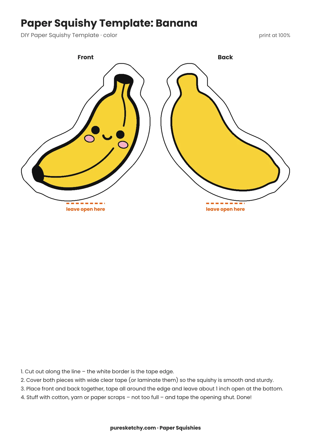 Yellow banana in a gentle curve with a half-peeled skin, a brown stem and a wide smile