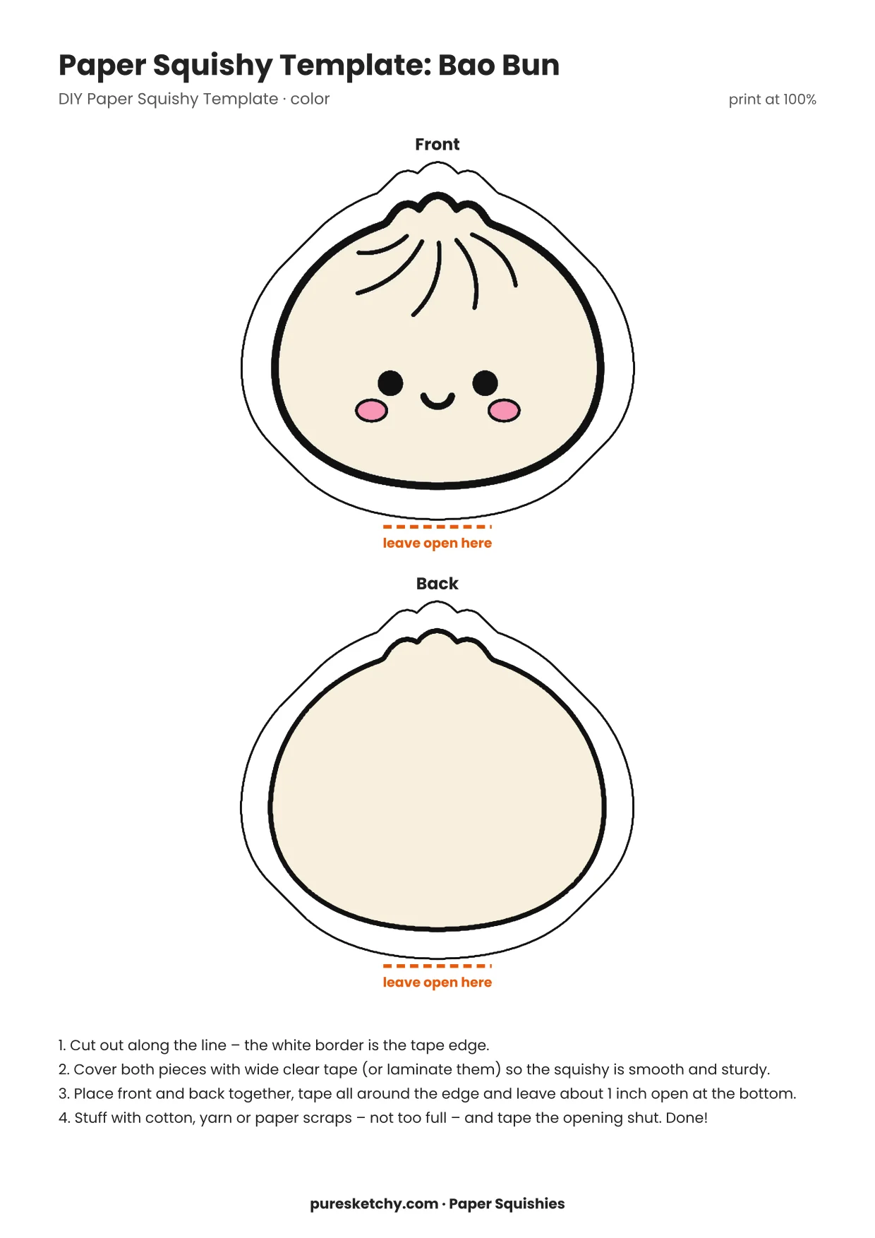 White paper squishy bao bun with a round pillowy shape and a mischievous little face