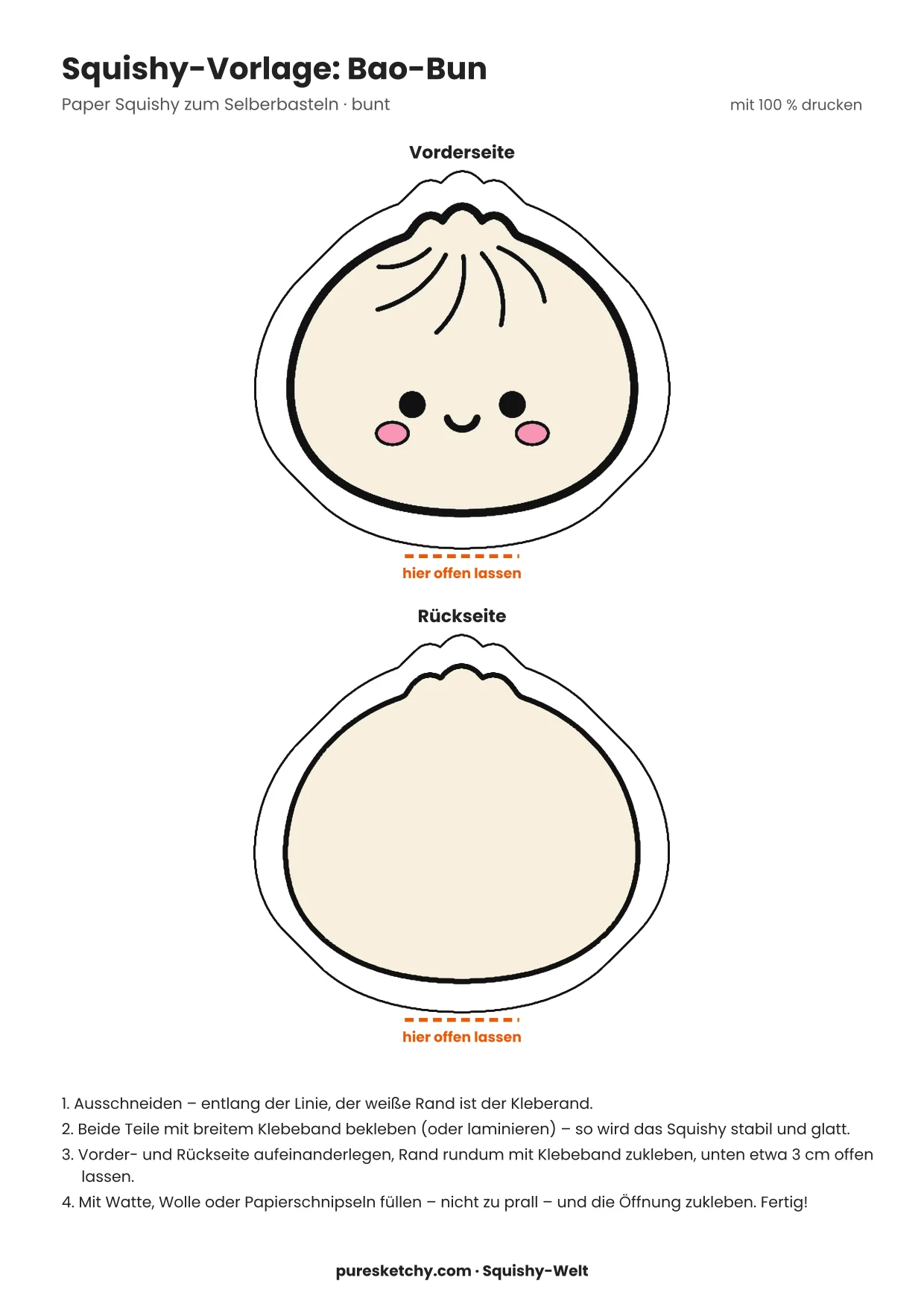 Weißer Papier-Squishy-Bao-Bun mit rundem Teigkissen und verschmitztem Gesicht