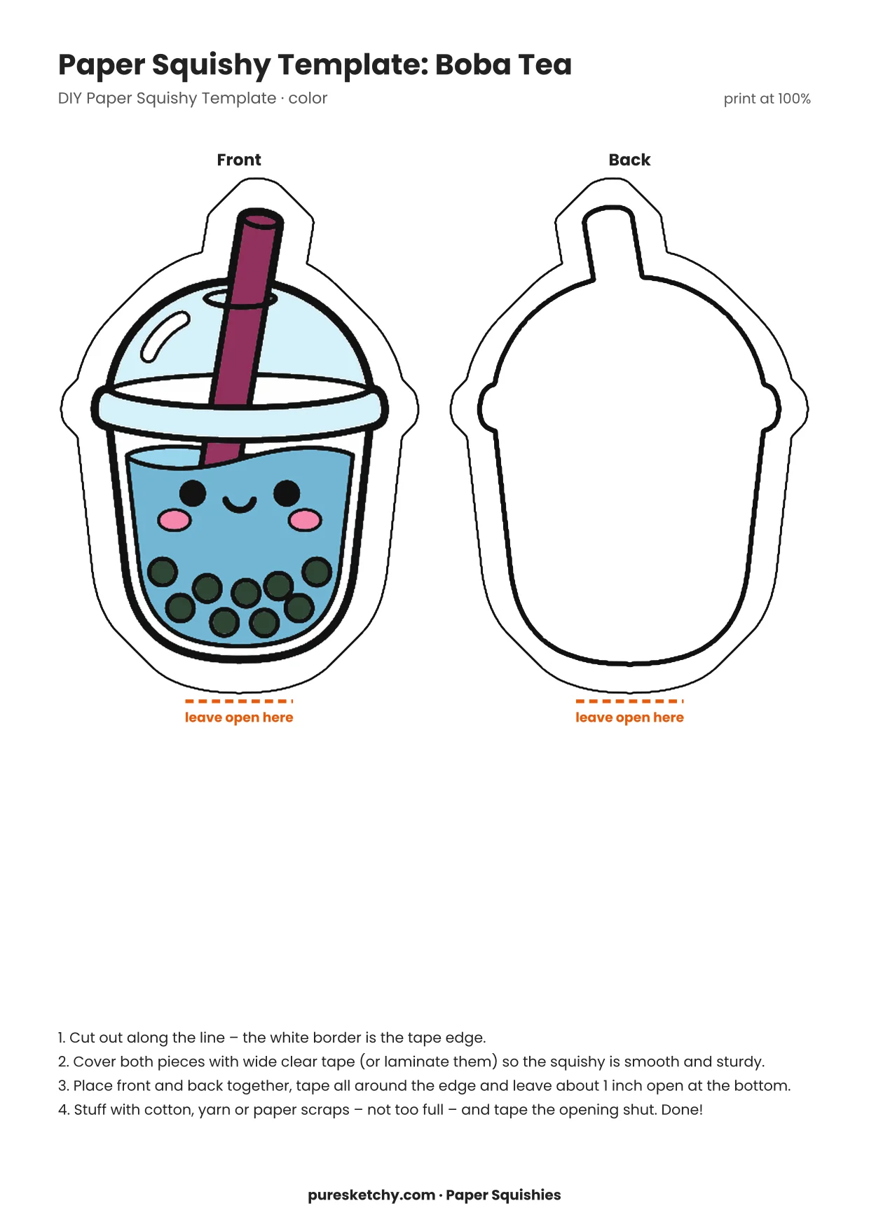 Paper squishy boba tea cup with a straw, dark pearls and a smiling face