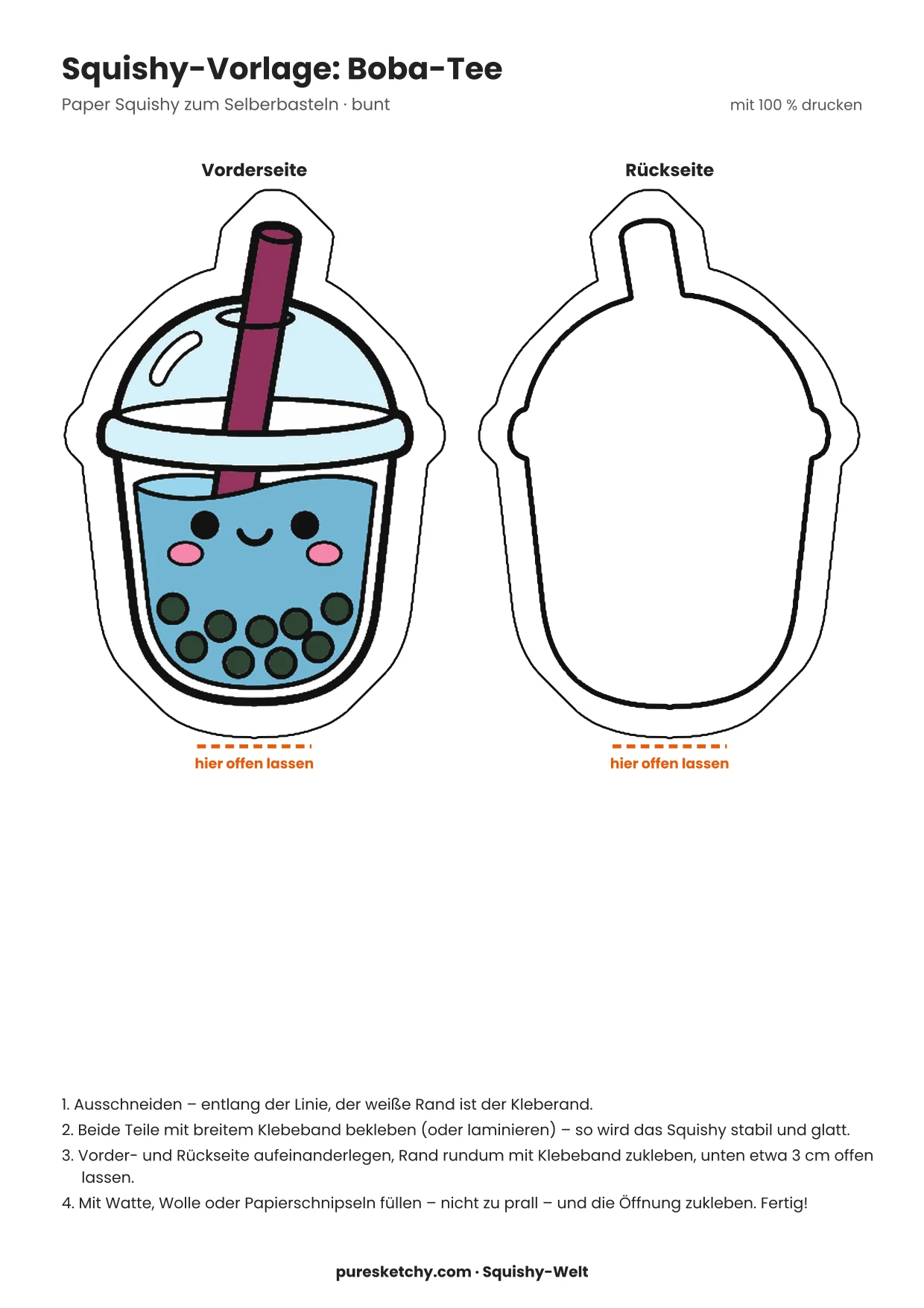 Papier-Squishy-Boba-Tee-Becher mit Strohhalm, dunklen Perlen und lächelndem Gesicht