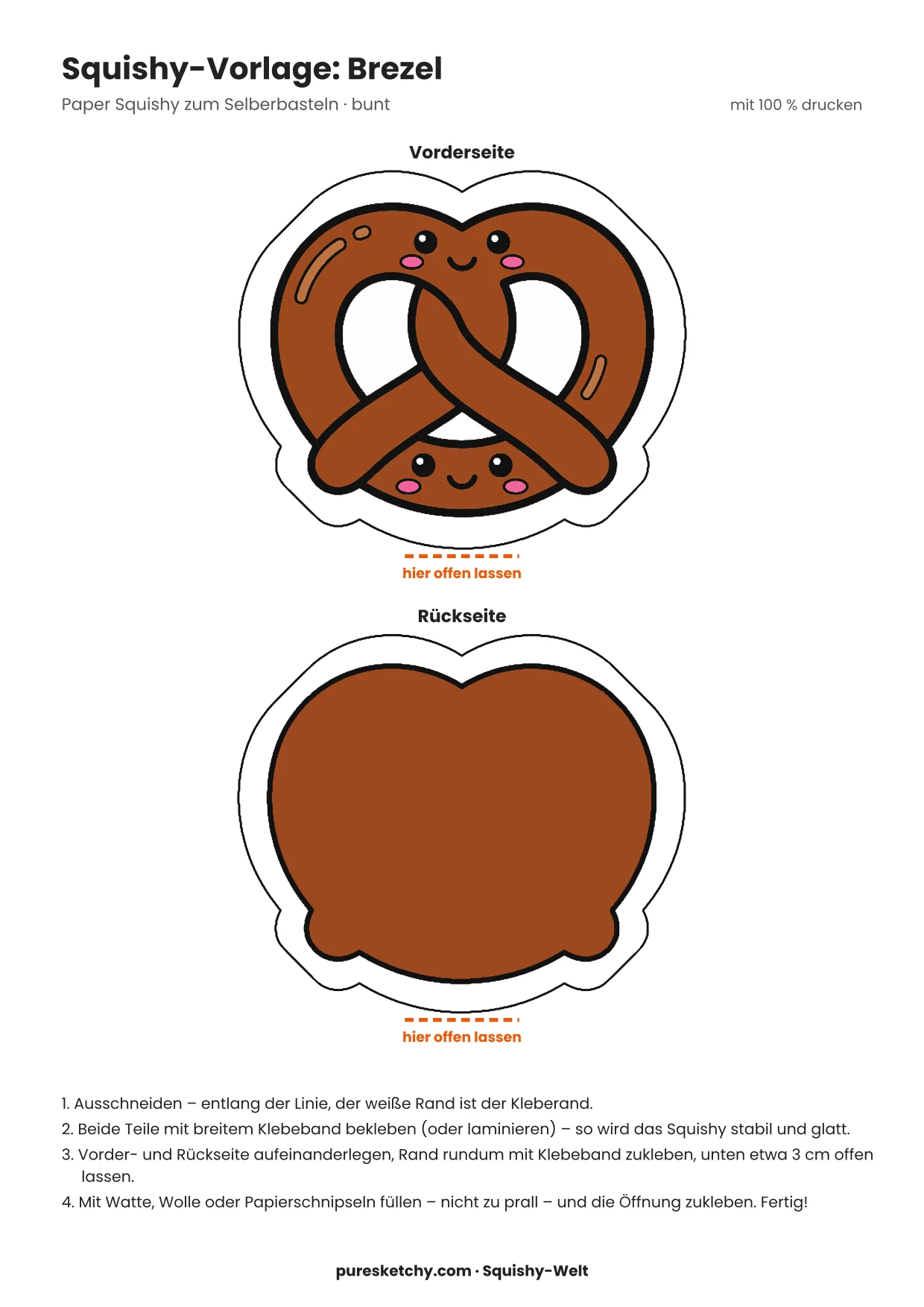 Papier-Squishy-Brezel mit verschlungener Form, Salzkörnern und freundlichem Gesicht
