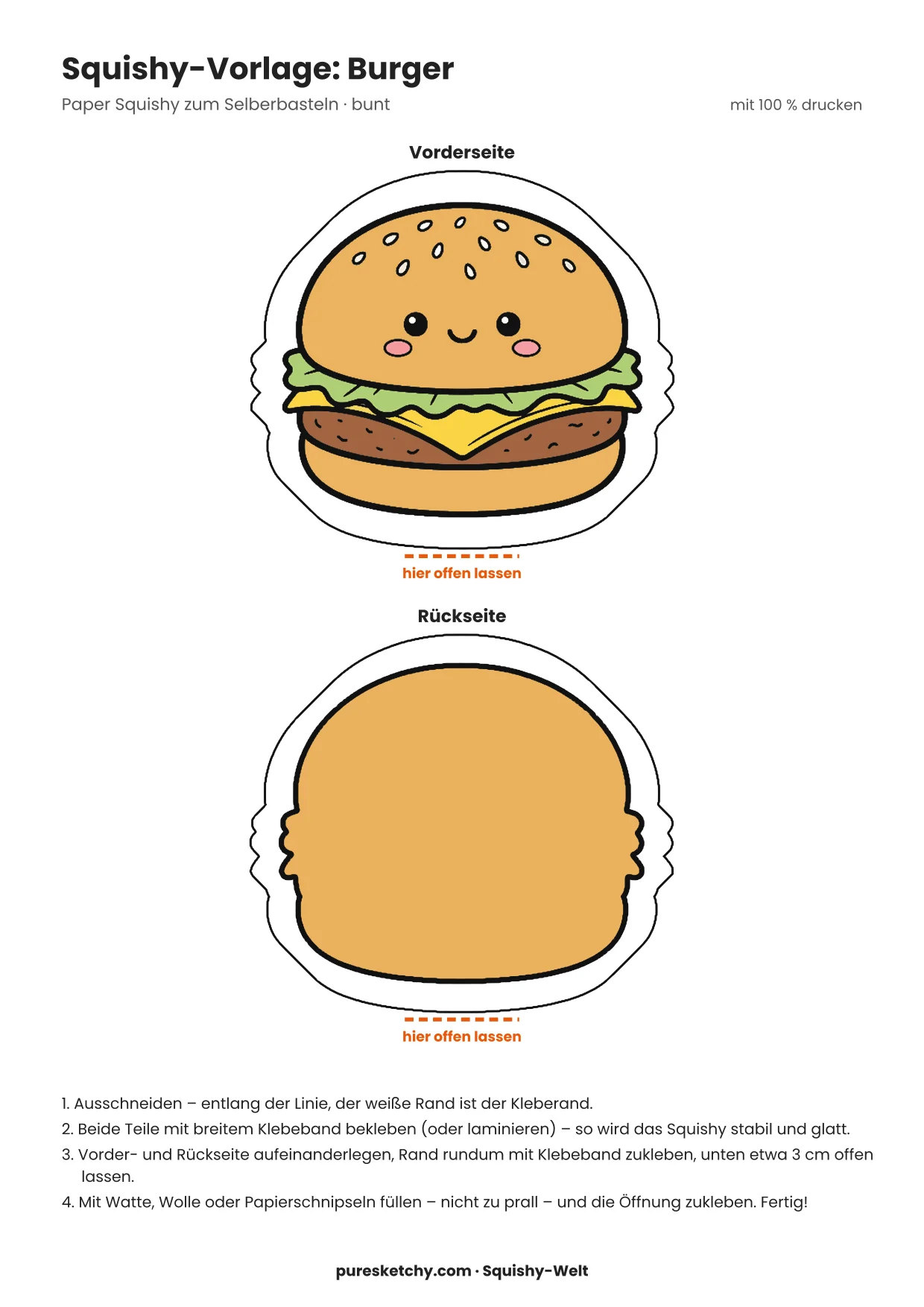 Dicker Burger mit Sesambrötchen, Salat, Käse und Patty und einem grinsenden Gesicht als Papier-Squishy