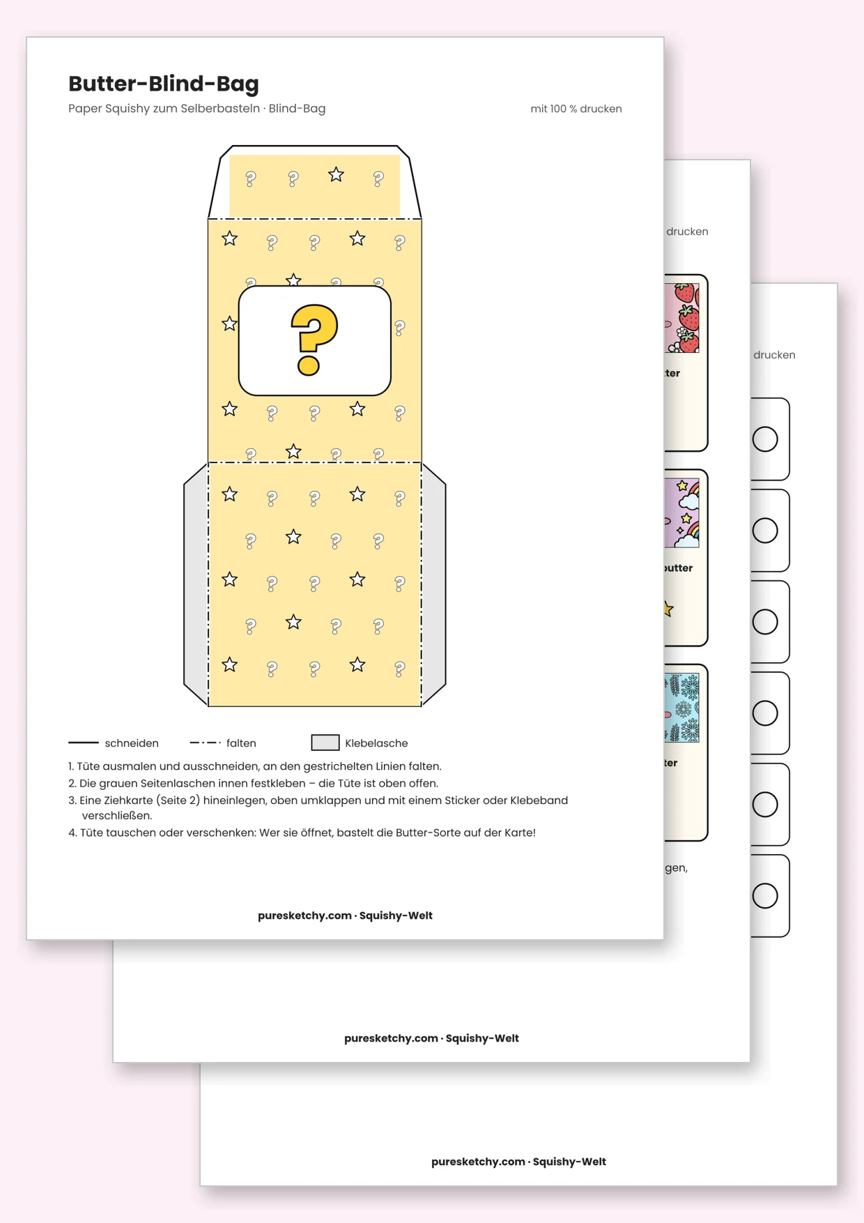 Gelbe Blind-Bag-Tüte mit Fragezeichen-Muster, zwölf Butter-Ziehkarten mit Sternen und Sammelliste