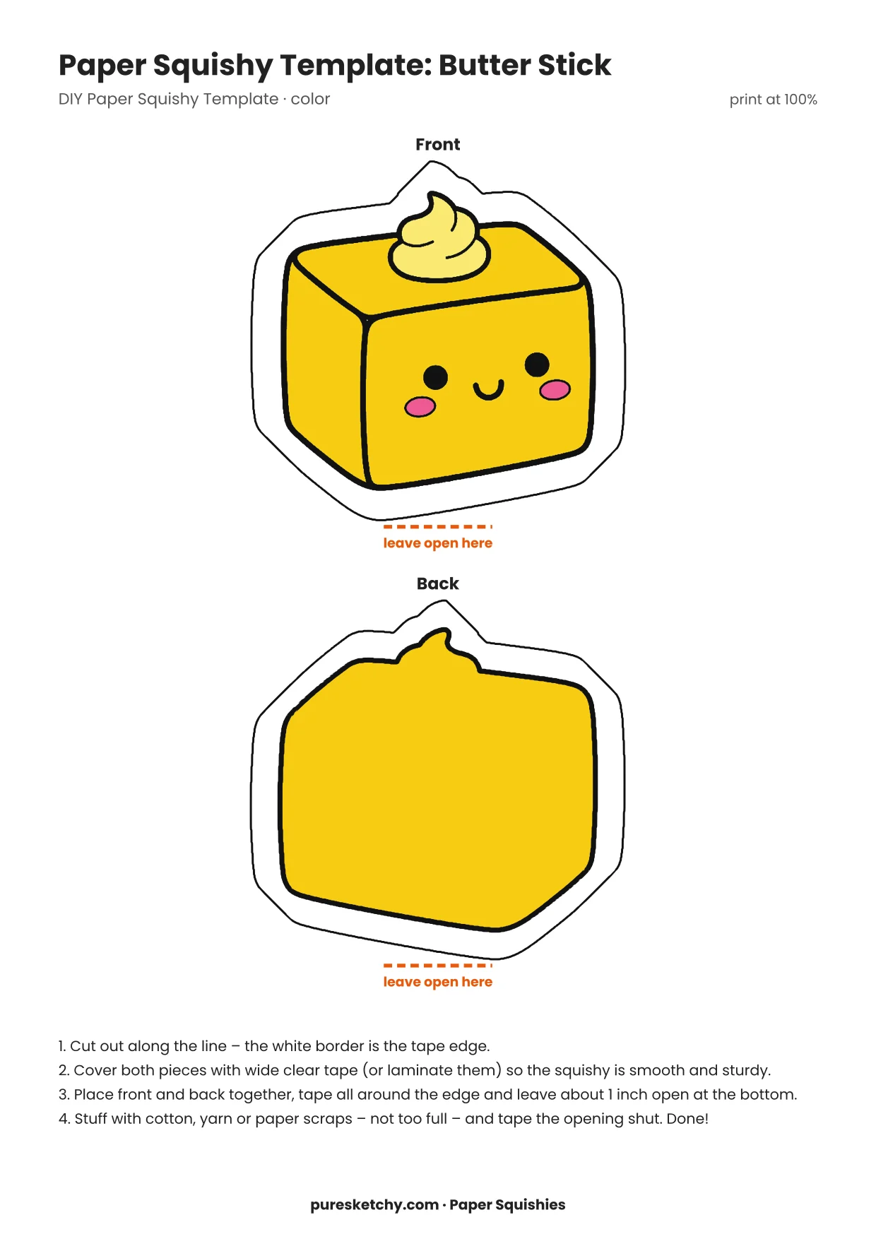 Yellow paper squishy butter stick with a half-open wrapper and a friendly face