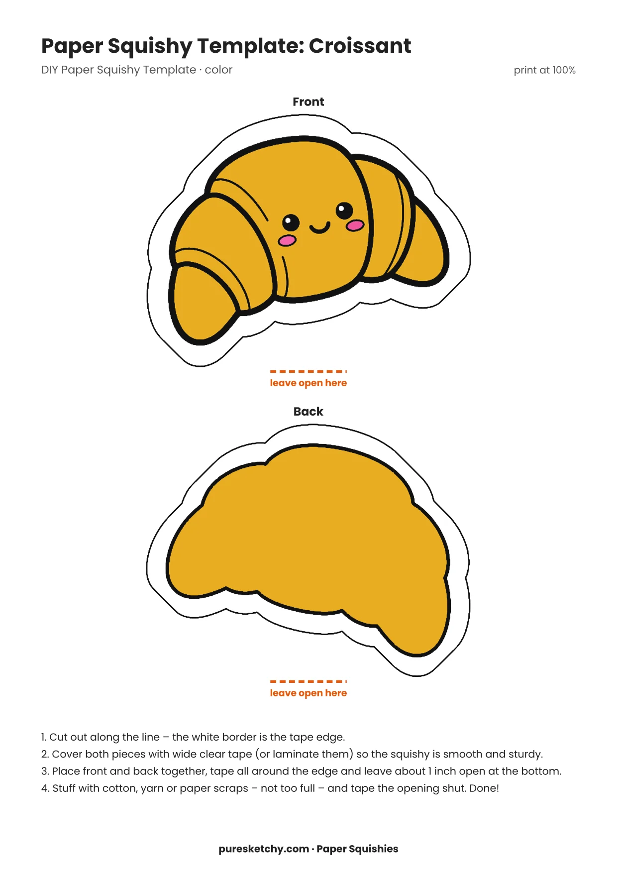 Golden-brown paper squishy croissant with a curved shape, ridges and a smiling face
