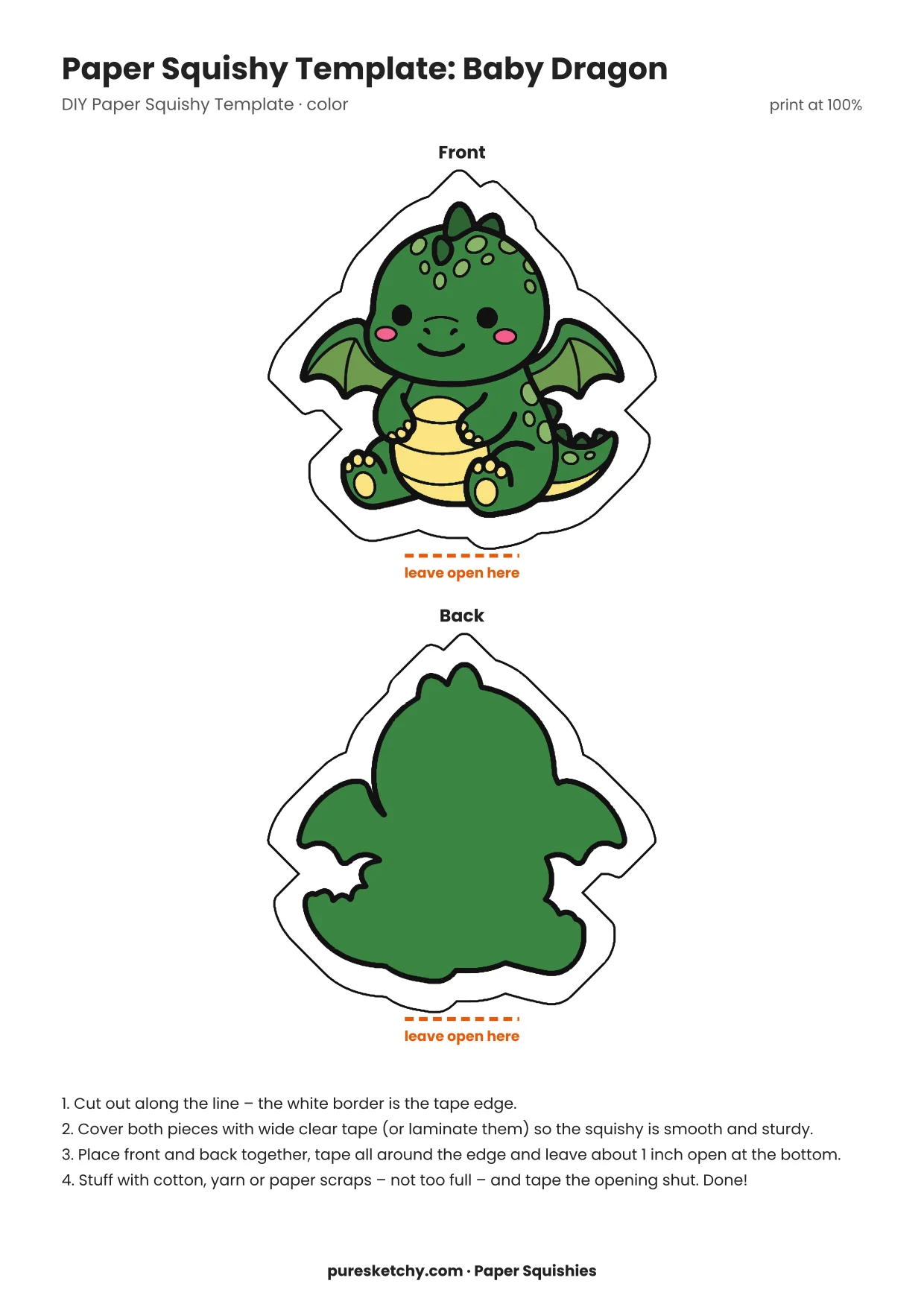 Colorful green baby dragon paper squishy with tiny wings, spiky back ridge, big eyes and a small spark of fire