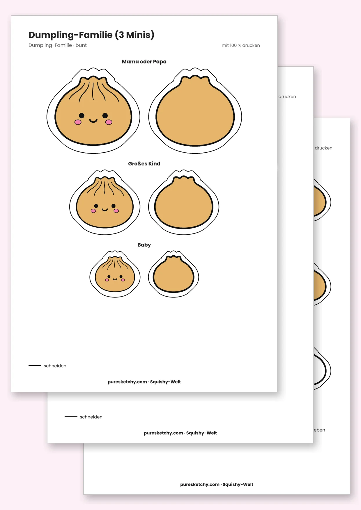 Drei bunte Papier-Squishy-Dumplings in Groß, Mittel und Klein nebeneinander mit Gesichtern