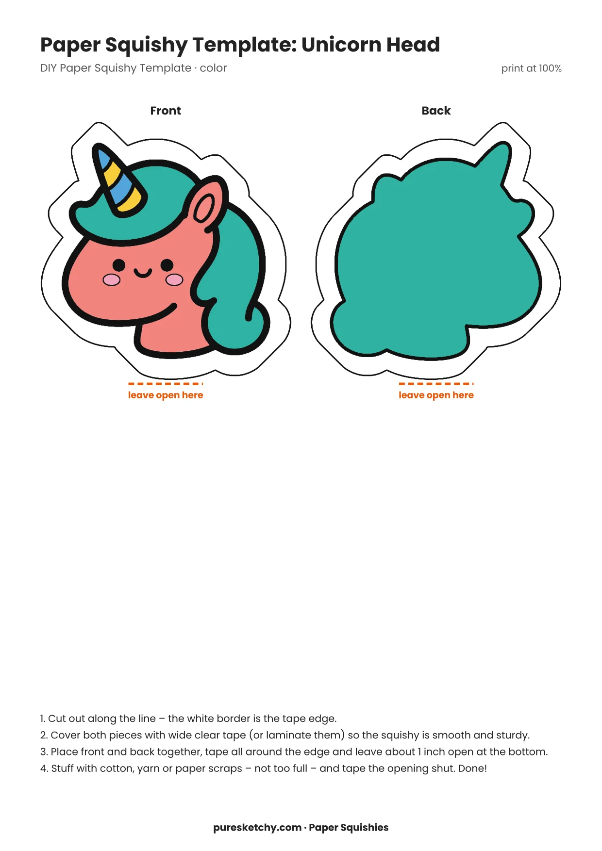 Colorful unicorn head paper squishy with a white face, golden horn, pastel mane, sparkly eyes and pink cheeks