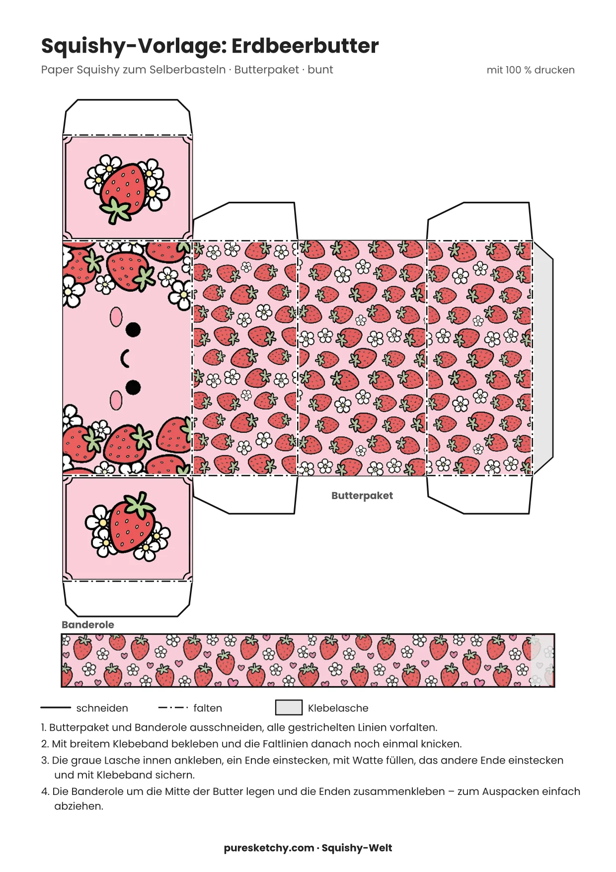 Rosa Papier-Butterpaket mit süßem Gesicht, roten Erdbeeren und kleinen weißen Blüten