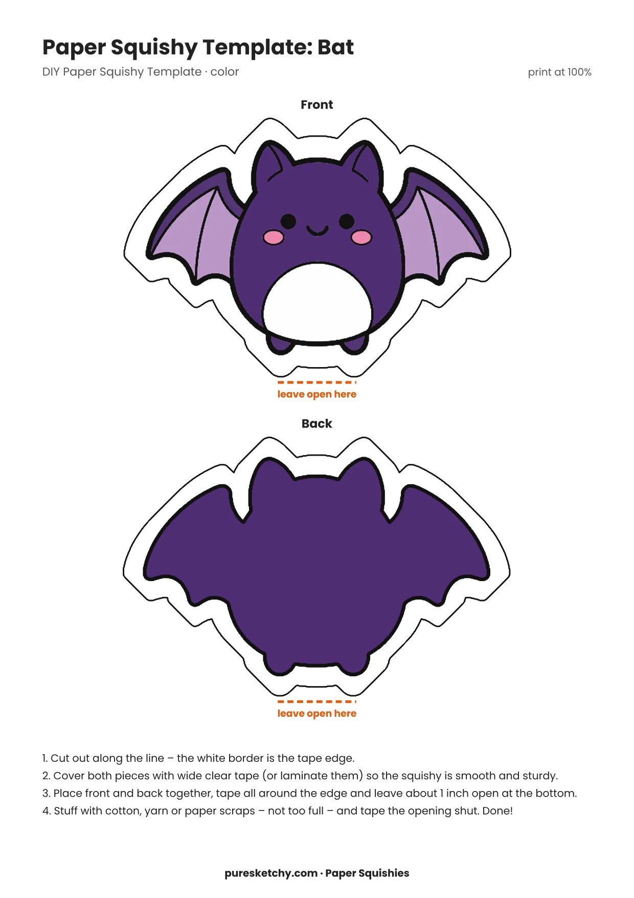 Dark purple bat with spread wings, pointy ears, big eyes and tiny fangs