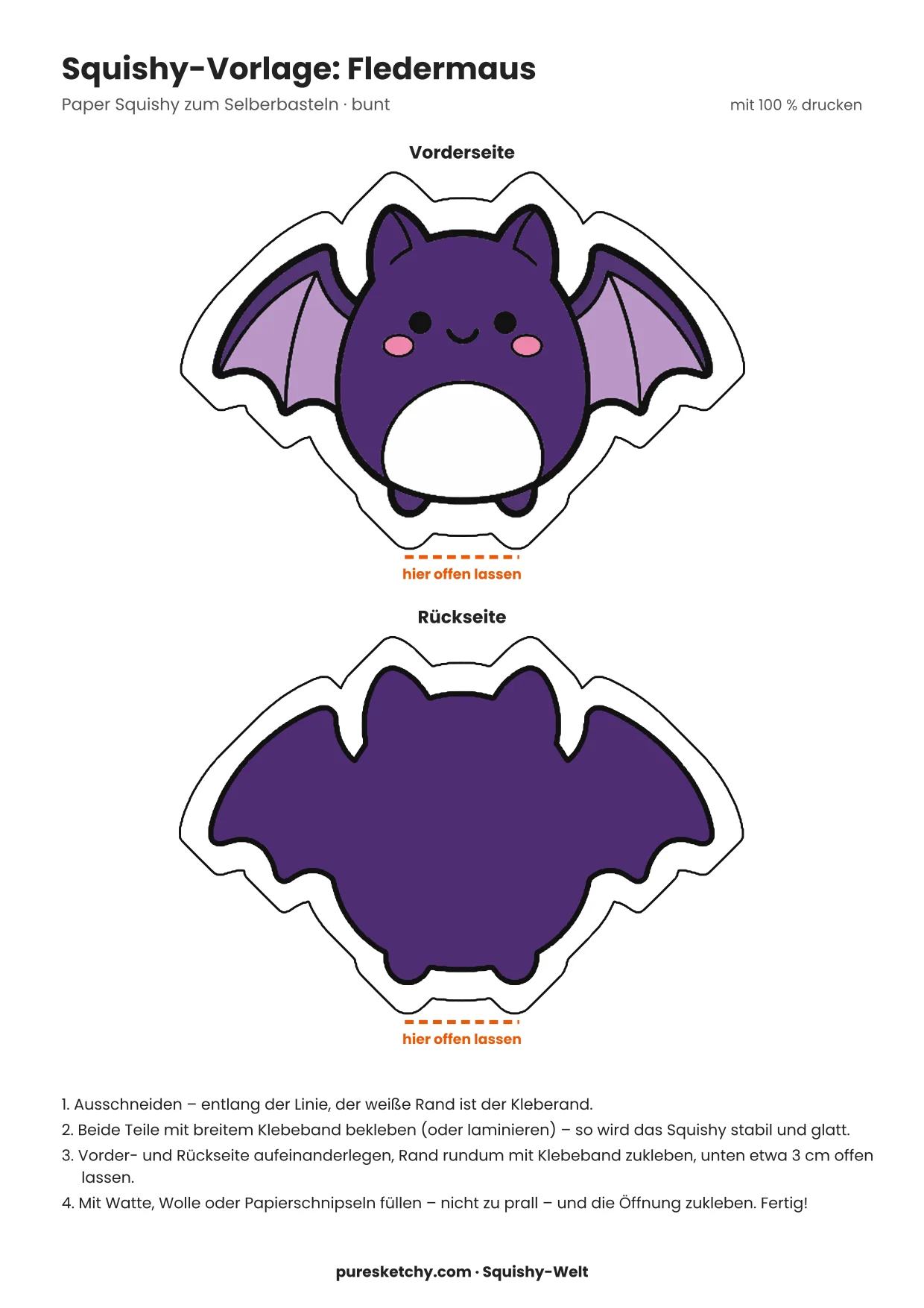 Dunkelviolette Fledermaus mit ausgebreiteten Flügeln, spitzen Ohren, großen Augen und kleinen Zähnchen