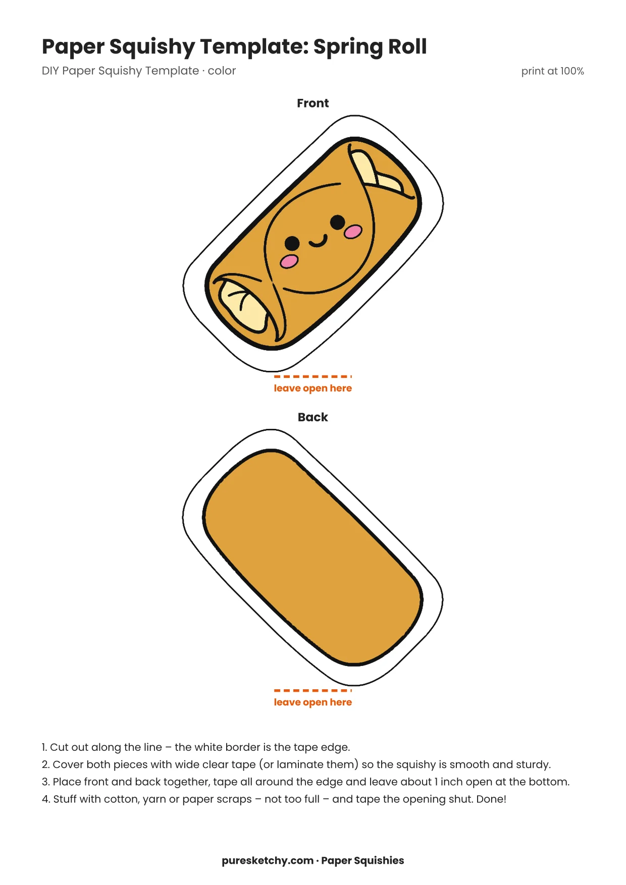 Golden paper squishy spring roll with a crispy wrapper and a friendly face