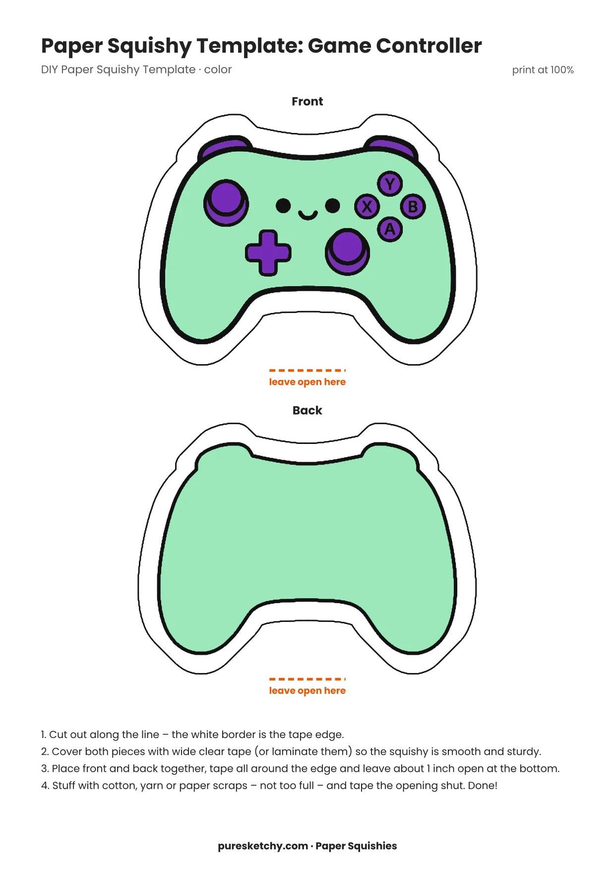 Purple game controller with colorful buttons, a directional pad and a smiling face as a paper squishy template