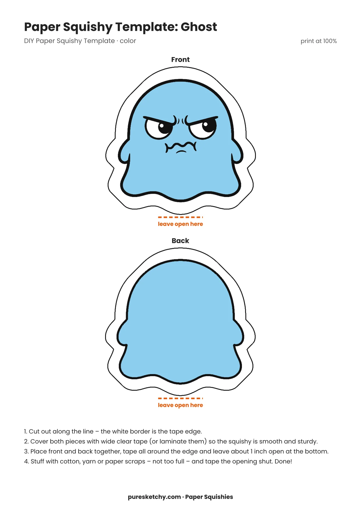 White ghost with big round eyes, an O-shaped mouth and a wavy hem, floating slightly