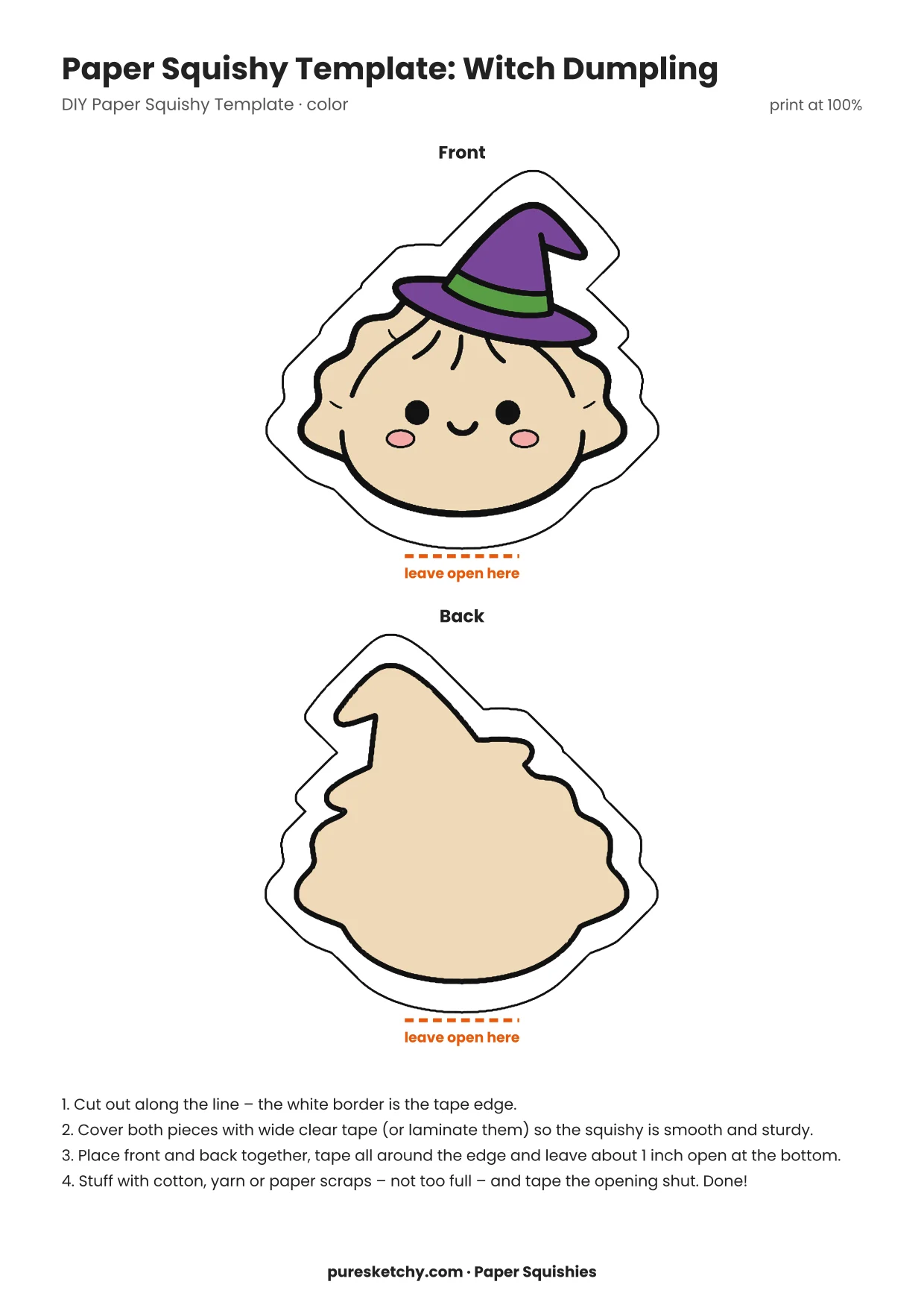 Paper squishy dumpling in a pointy witch hat with rosy cheeks and a sly little smile