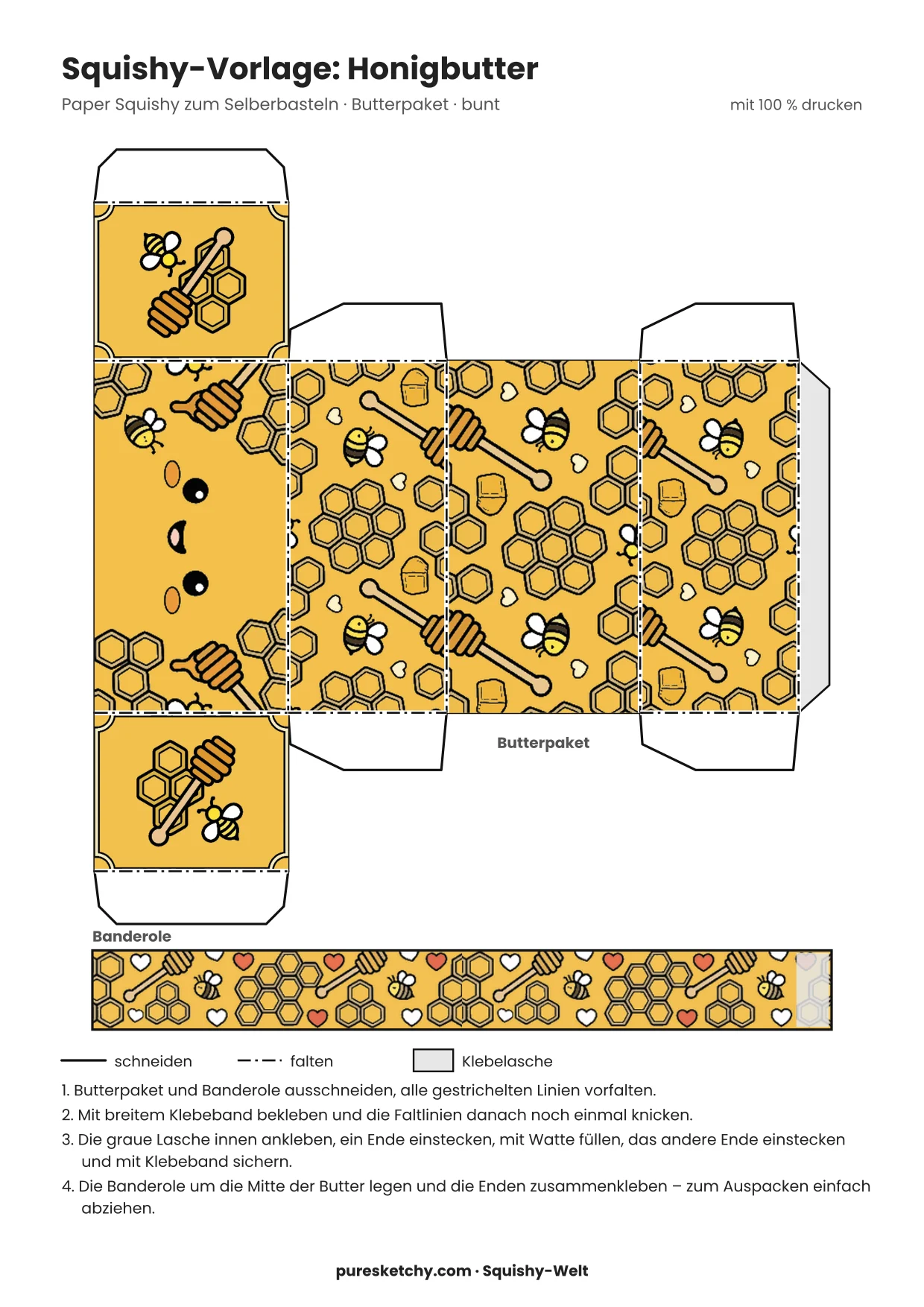 Honiggelbes Papier-Butterpaket mit Gesicht, Bienenwaben, Honiglöffel und kleinen Bienen