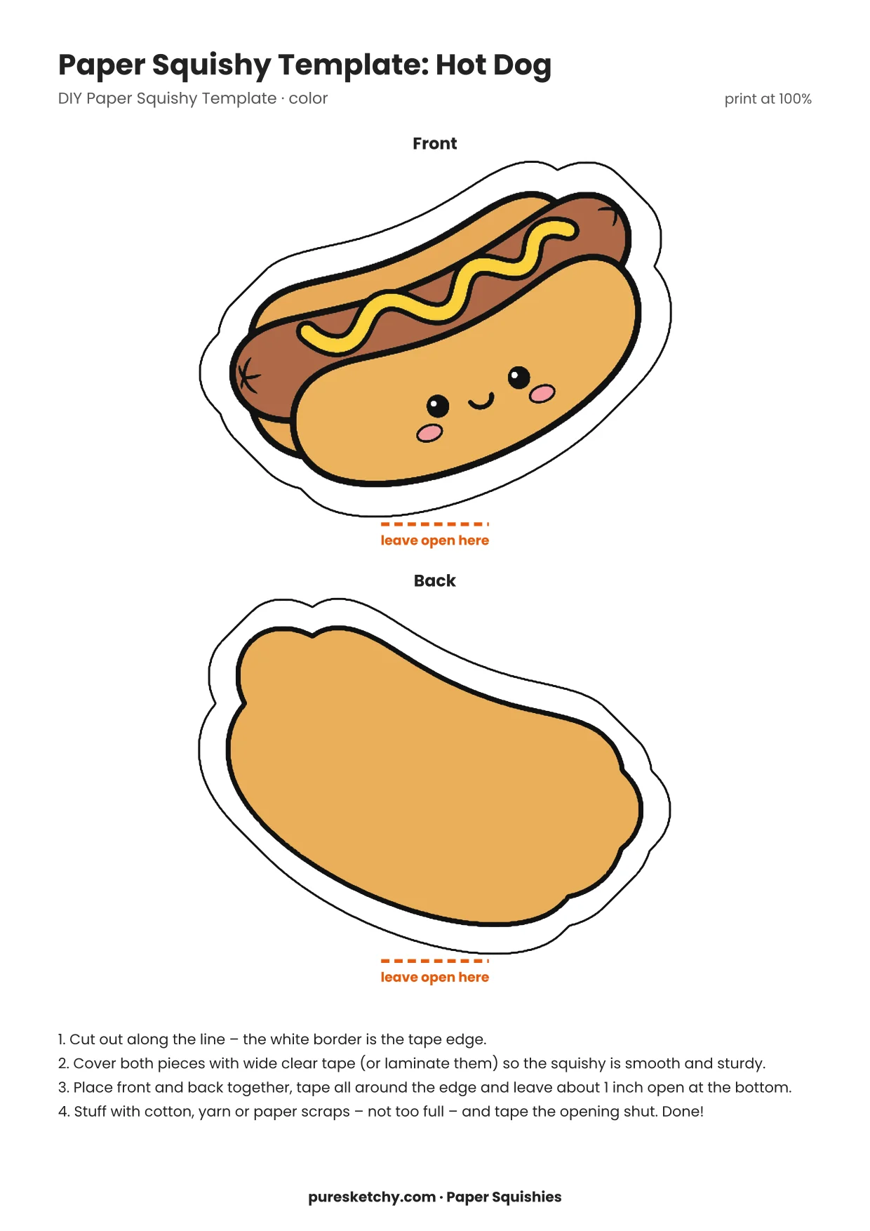 Long hot dog with a soft bun, red sausage, yellow mustard zigzag and a friendly face as a paper squishy