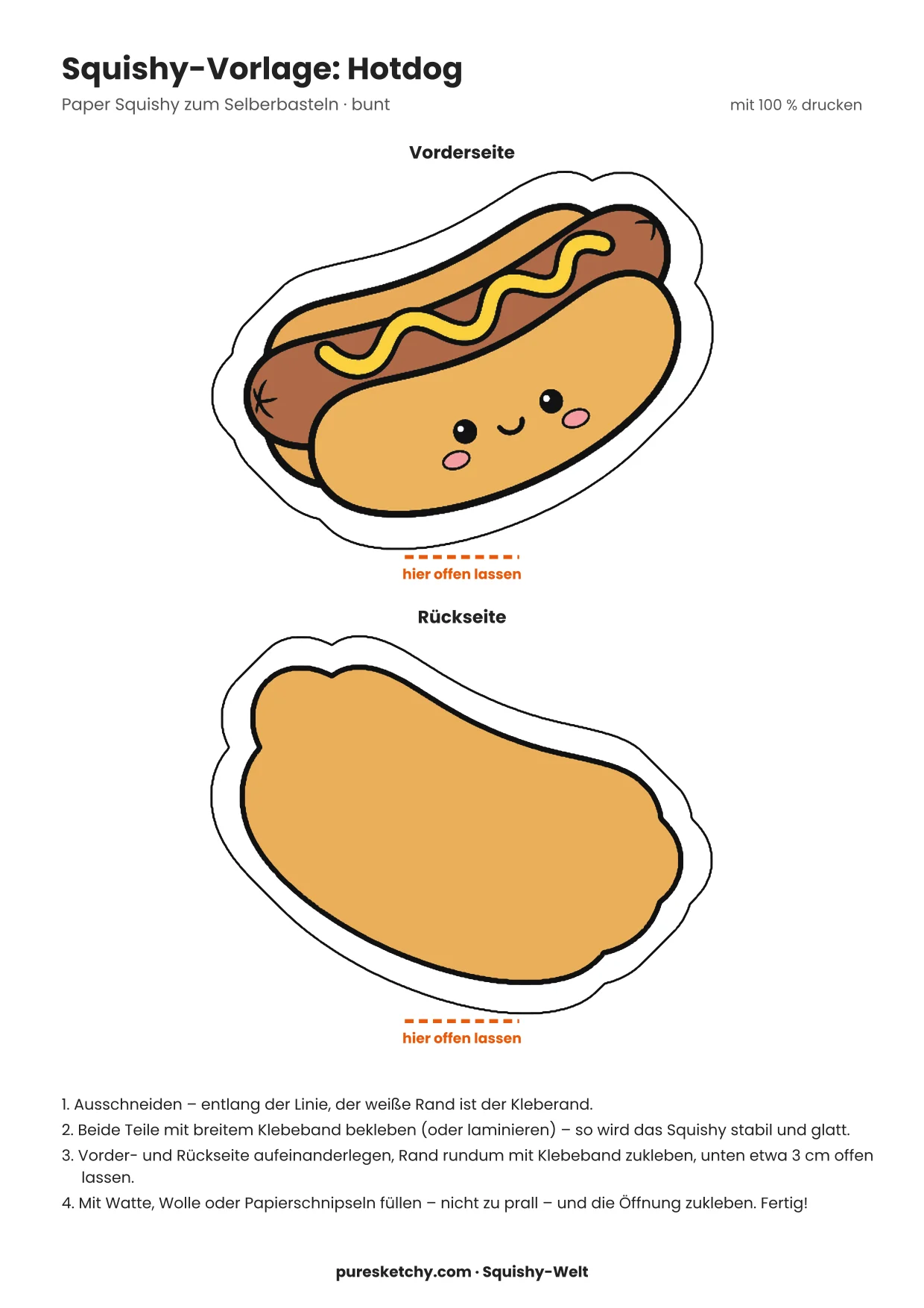 Langer Hotdog mit weichem Brötchen, rotem Würstchen, gelbem Senf-Zickzack und freundlichem Gesicht als Papier-Squishy