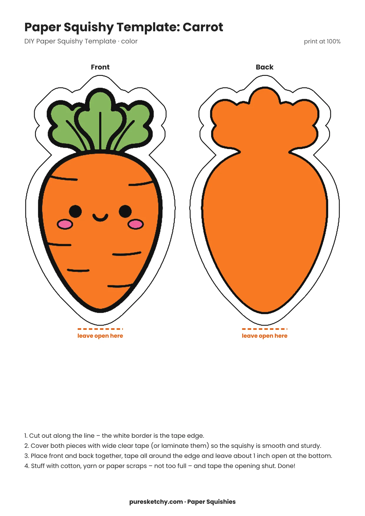 Long orange carrot with green leafy top, fine ridges and a happy face as a paper squishy template