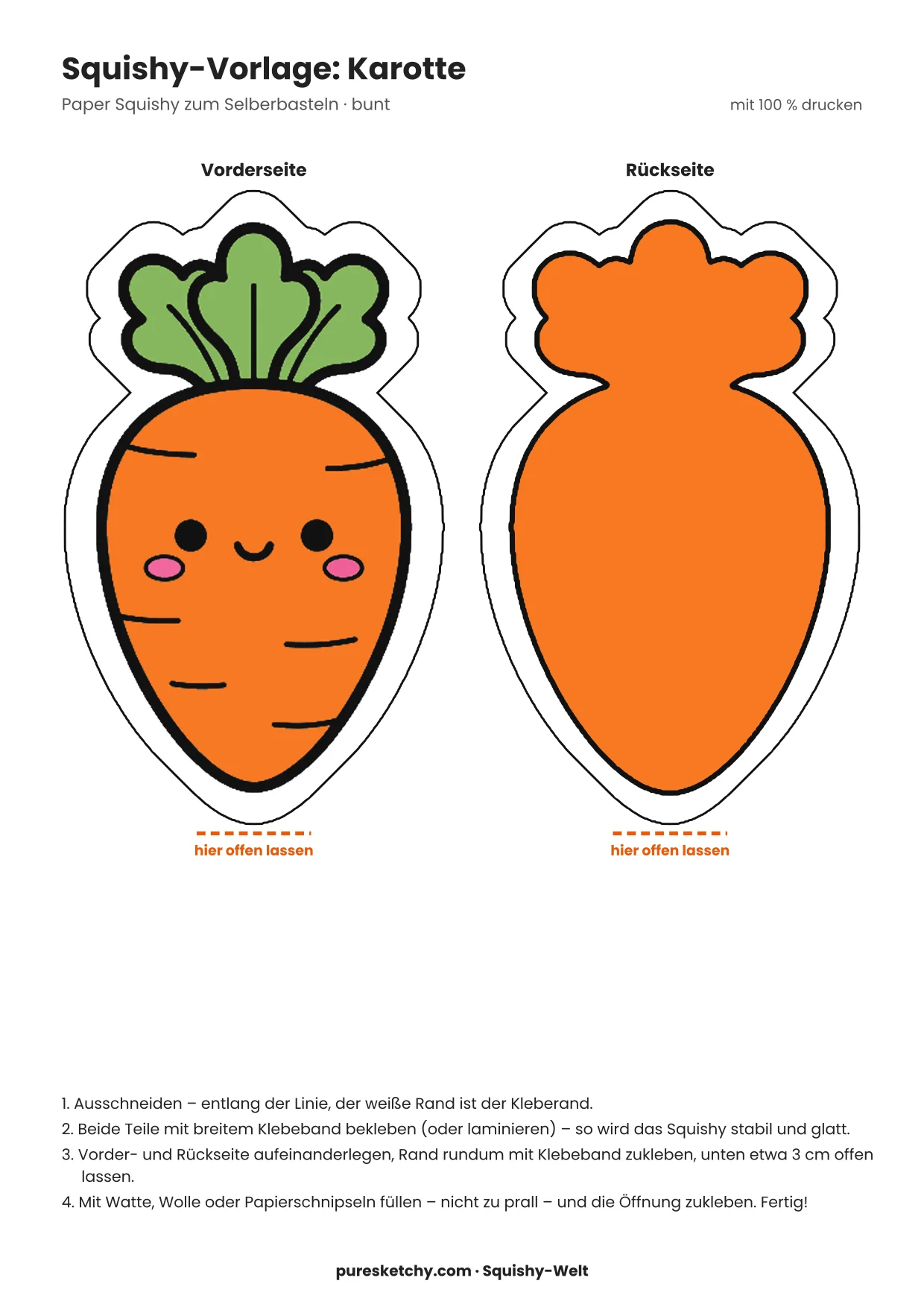 Lange orange Karotte mit grünem Kraut, feinen Rillen und fröhlichem Gesicht als Papier-Squishy-Vorlage