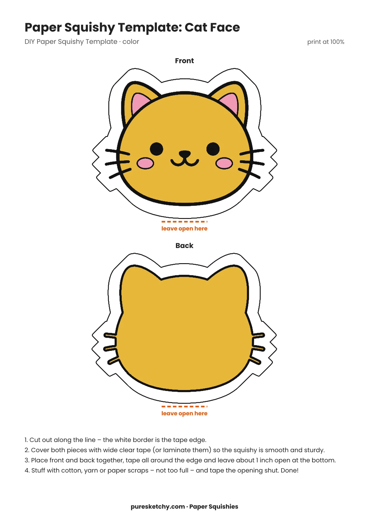 Colorful cat face paper squishy with orange fur, whiskers, pointy ears and a happy smile