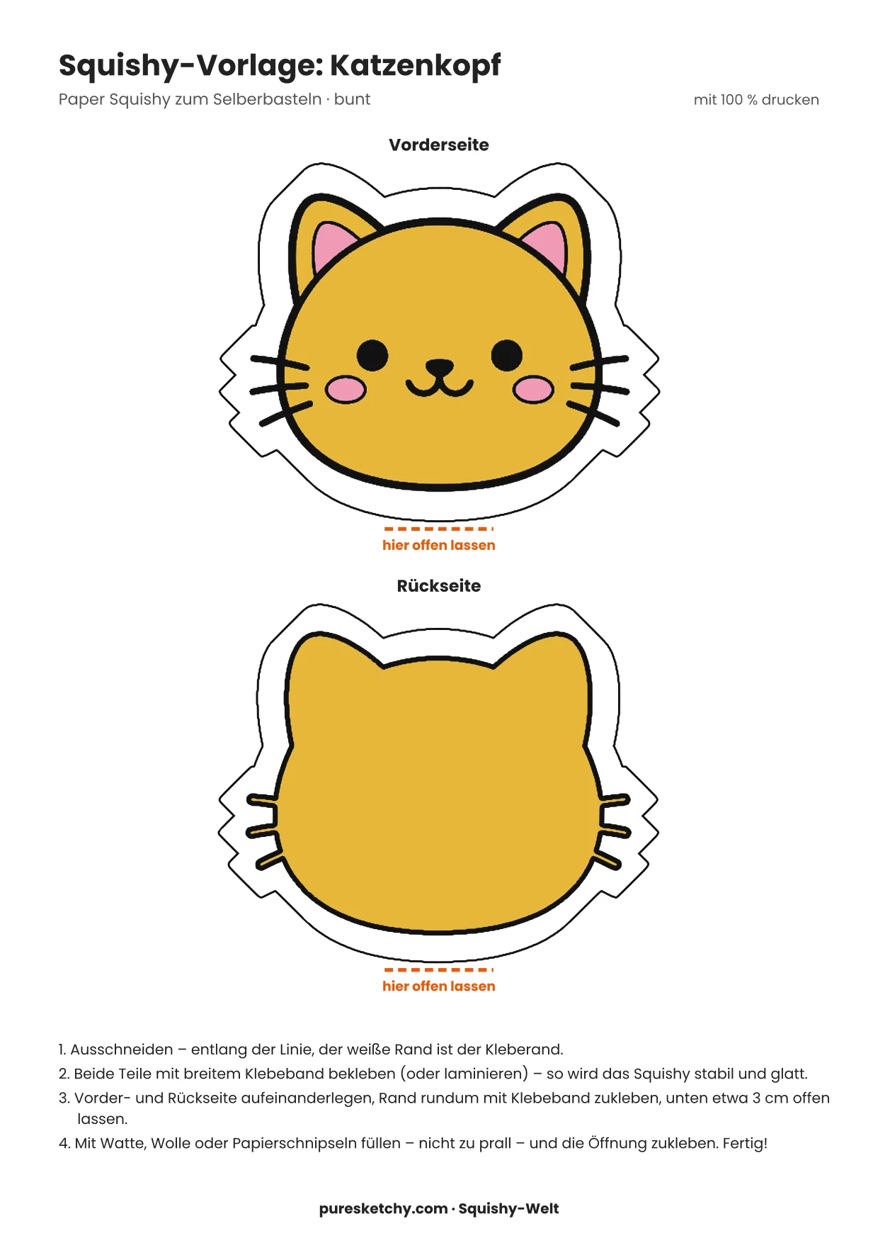 Bunter Katzenkopf-Squishy mit orangefarbenem Fell, Schnurrhaaren, spitzen Ohren und zufriedenem Lächeln