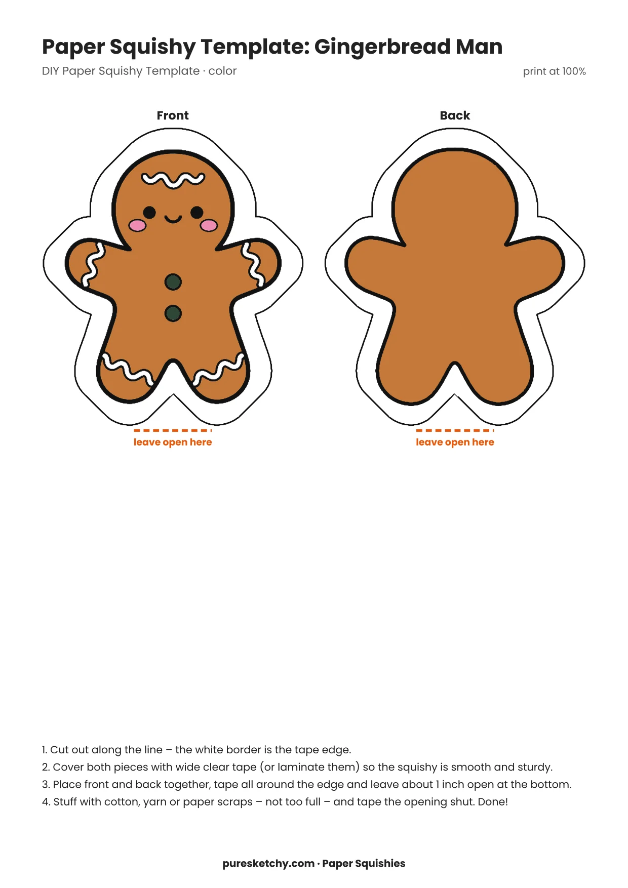 Brown gingerbread man with white icing trim, red buttons and a friendly smile