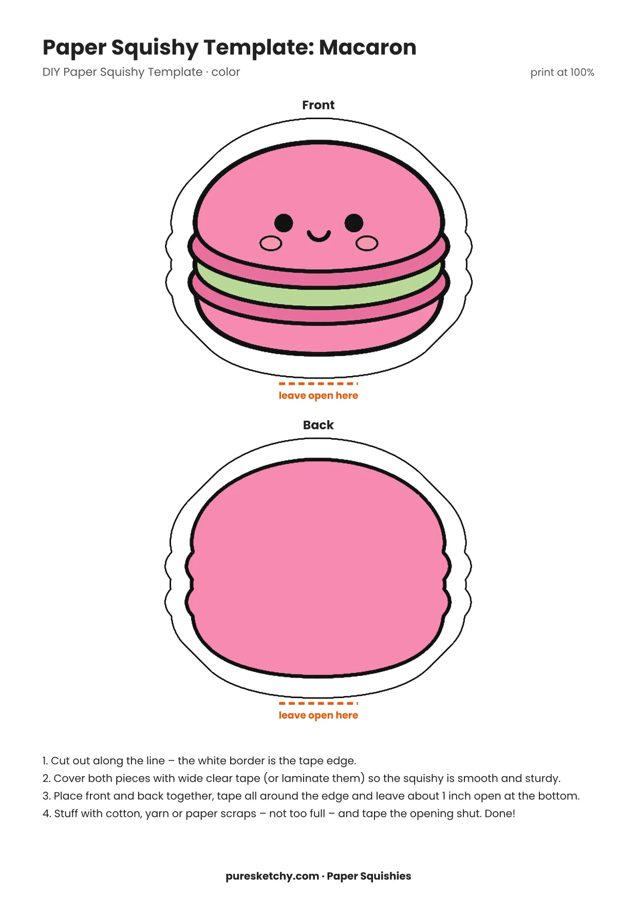 Pink macaron with a light cream filling, ruffled edge and a friendly face