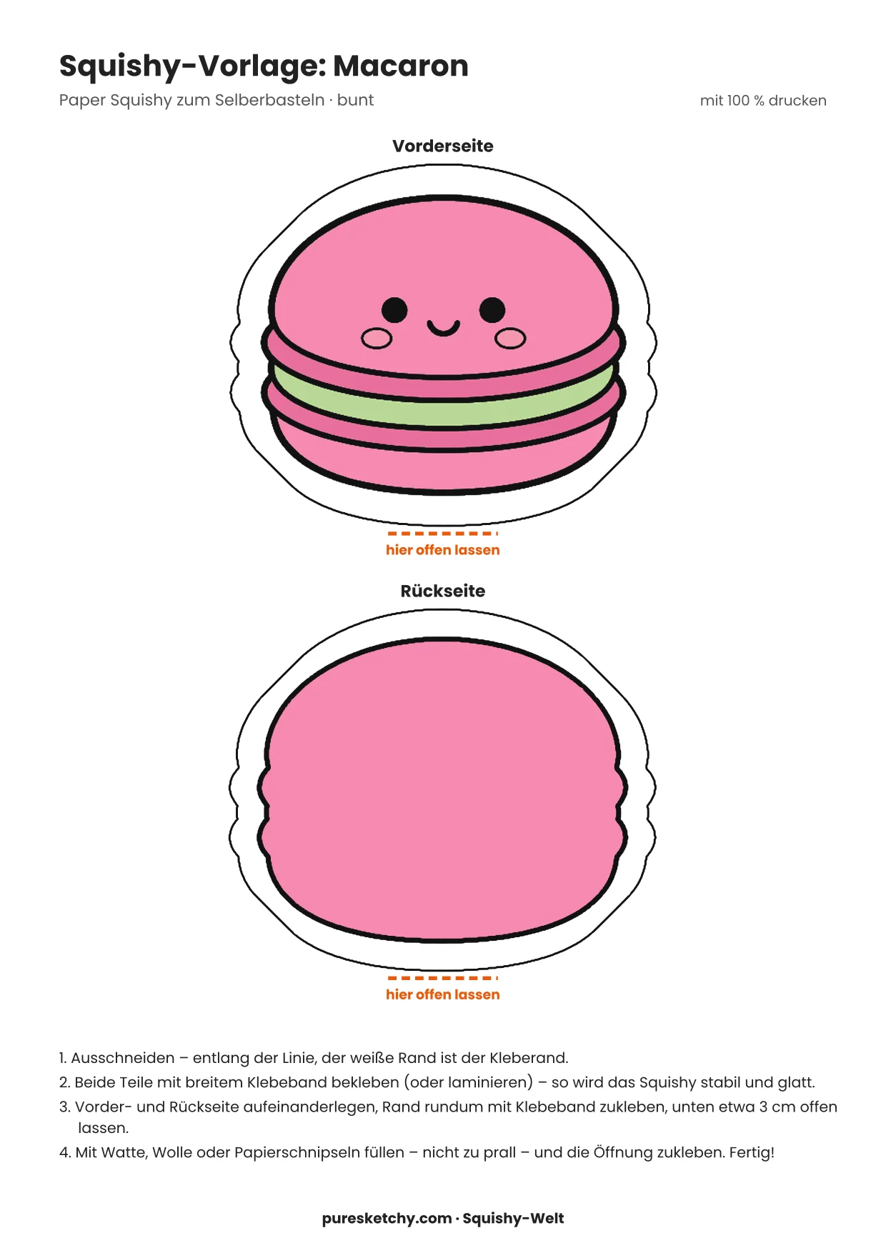 Rosa Macaron mit heller Cremefüllung, gerüschtem Rand und freundlichem Gesicht