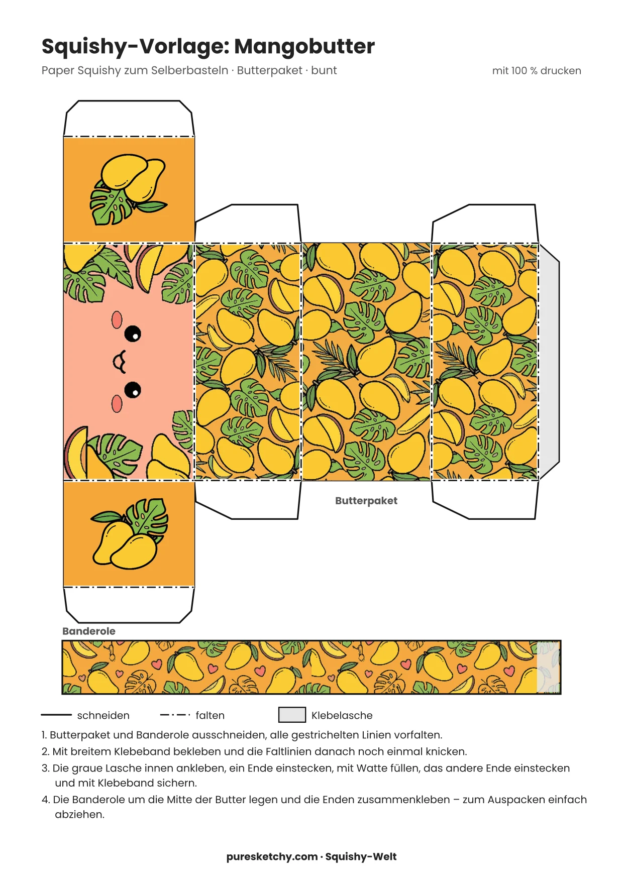 Oranges Papier-Butterpaket mit fröhlichem Gesicht, Mangos und großen tropischen Blättern